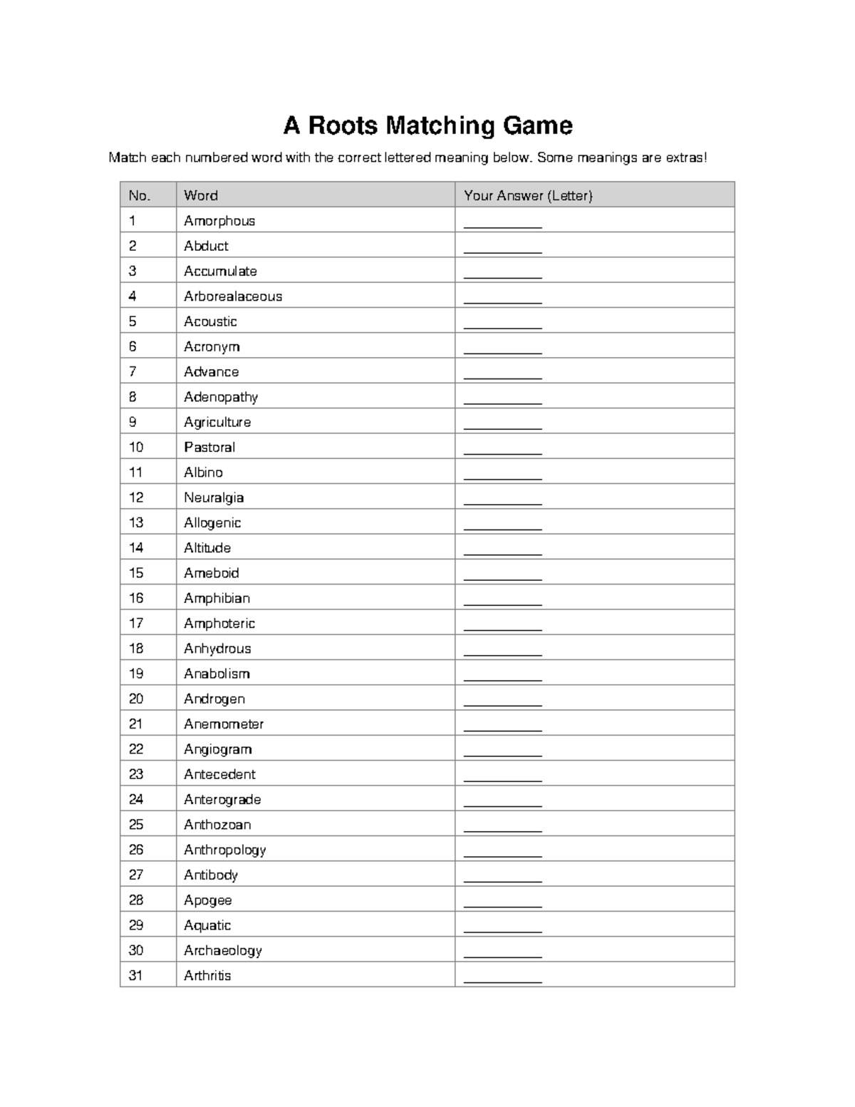 Roots Matching Game: Vocabulary Definitions and Meanings - Studocu