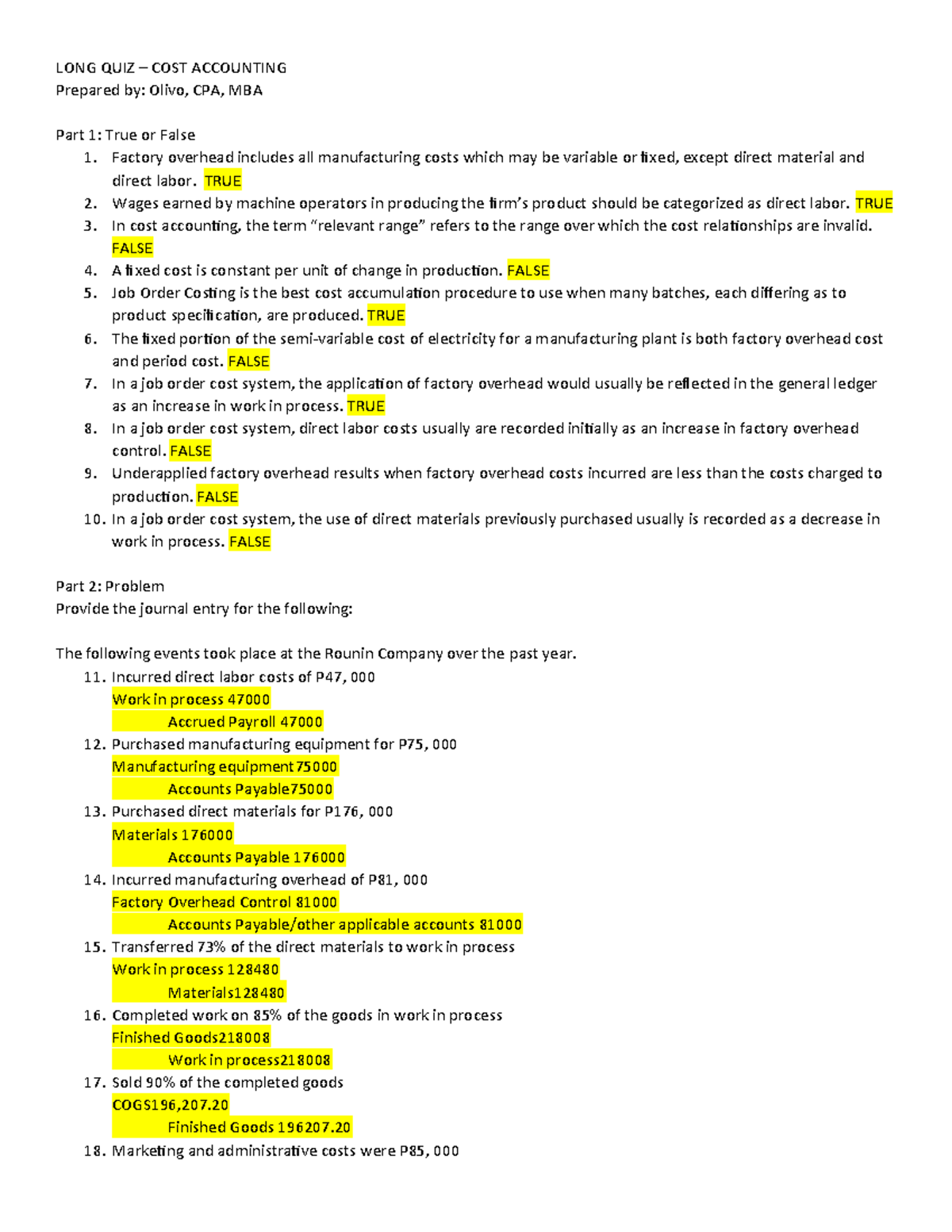 479453487 COST Accounting LONG QUIZ 1 Review & Answers - Studocu