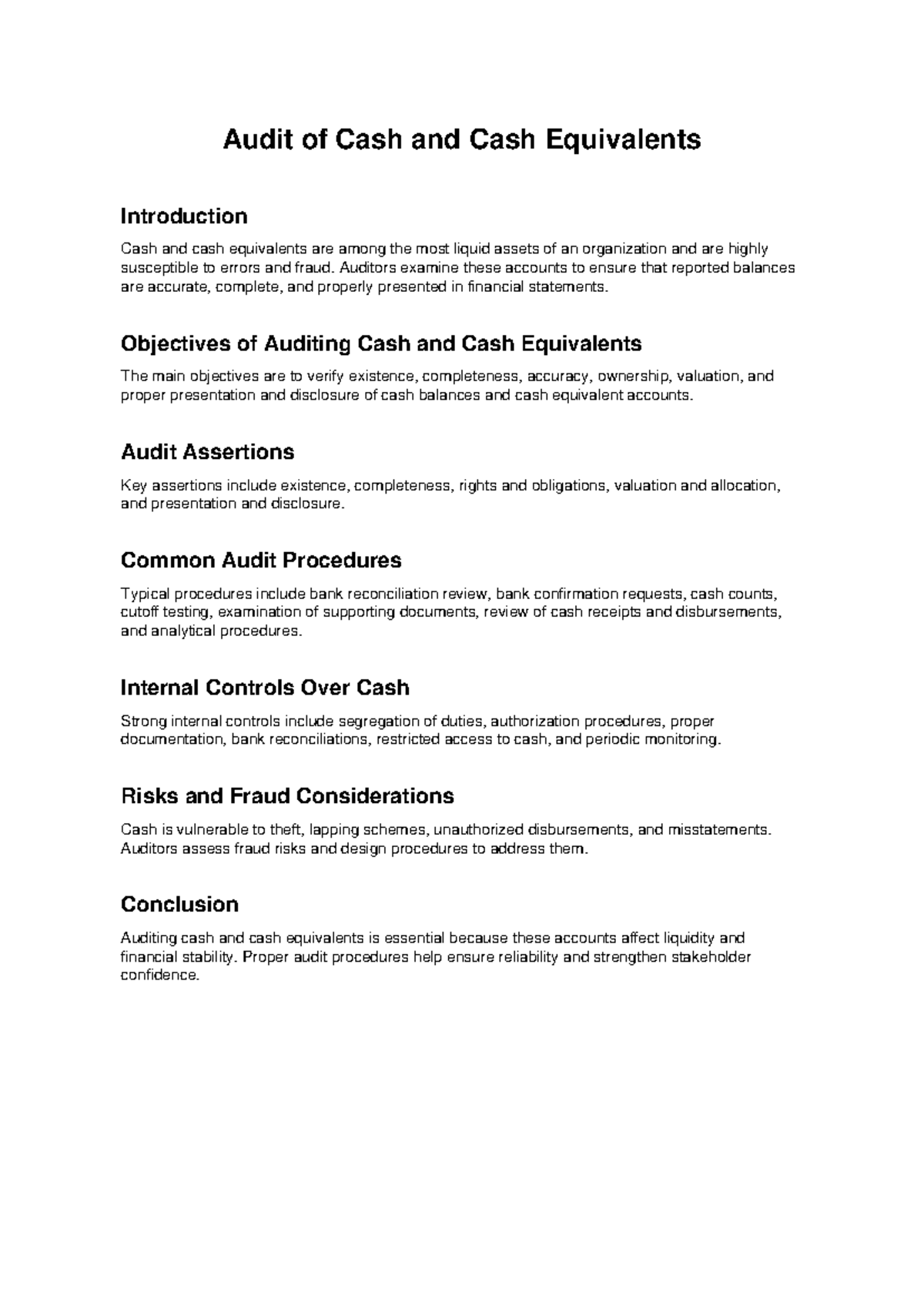 Audit of Cash & Cash Equivalents: Key Procedures & Risks - Studocu