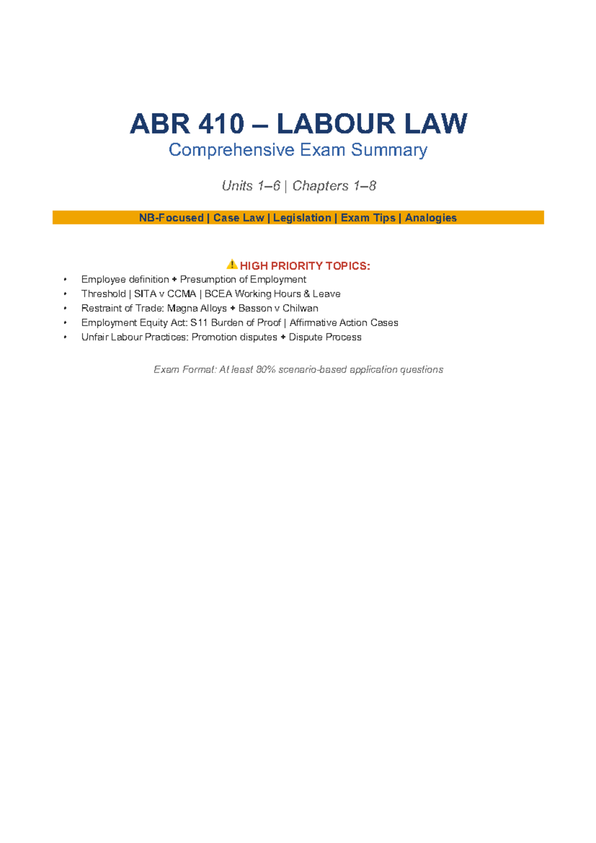 ABR 410 LABOUR LAW Comprehensive Exam Summary & Key Topics - Studocu