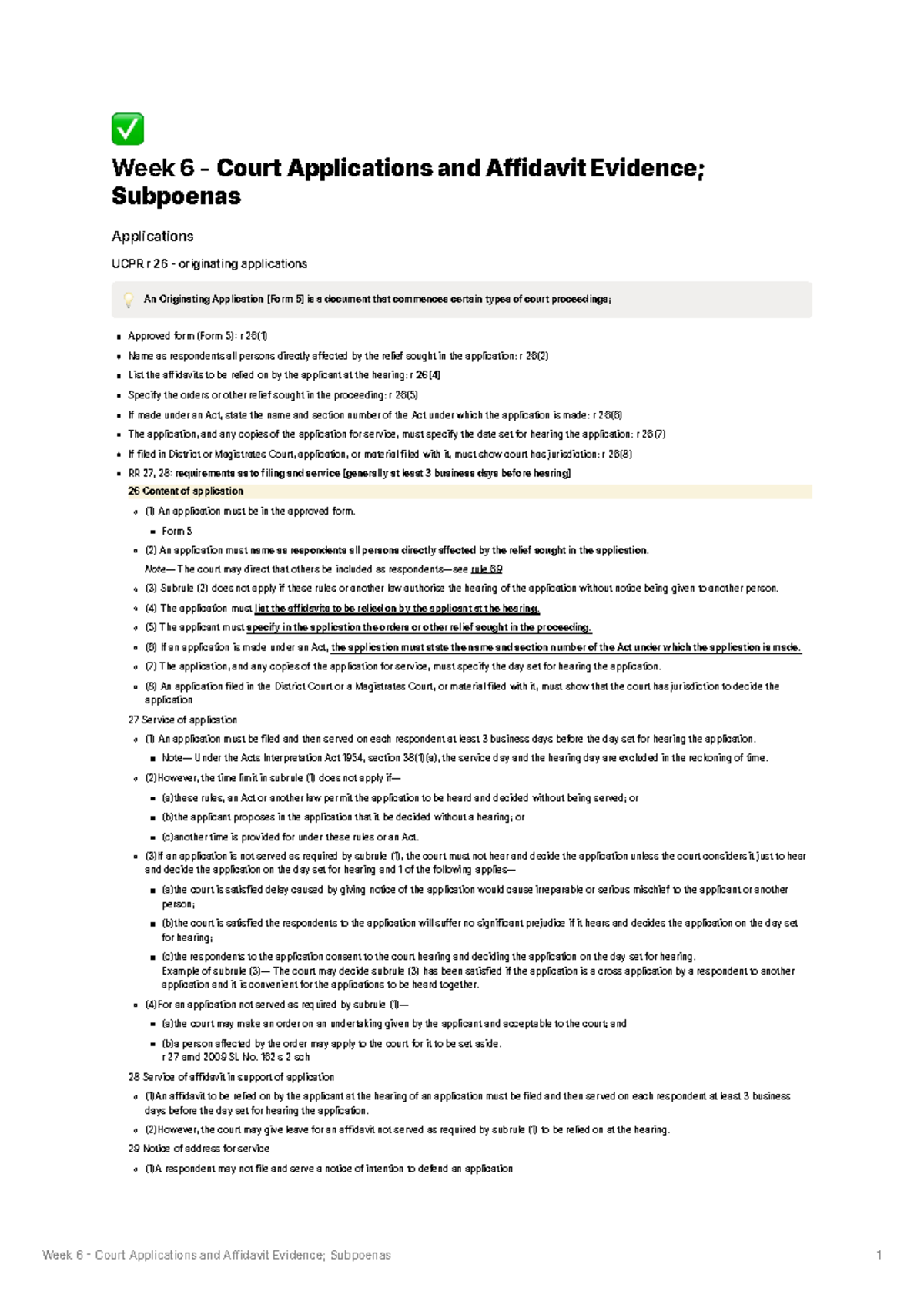 Week 6 UCPR Court Applications & Affidavit Subpoenas Overview - Studocu