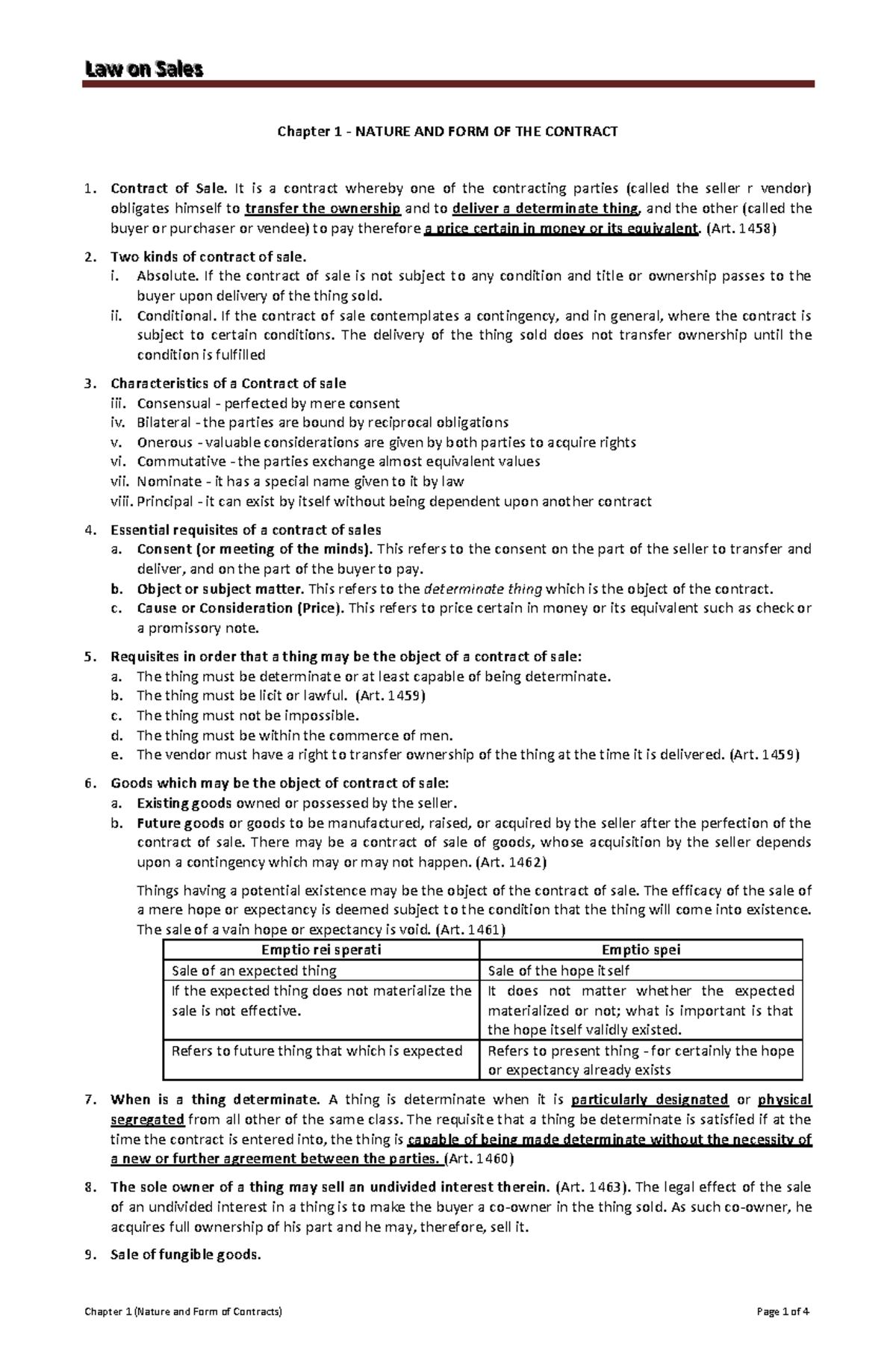 Laws on Sales (LWS 101) Chapter 1: Nature and Form of Contracts - Studocu