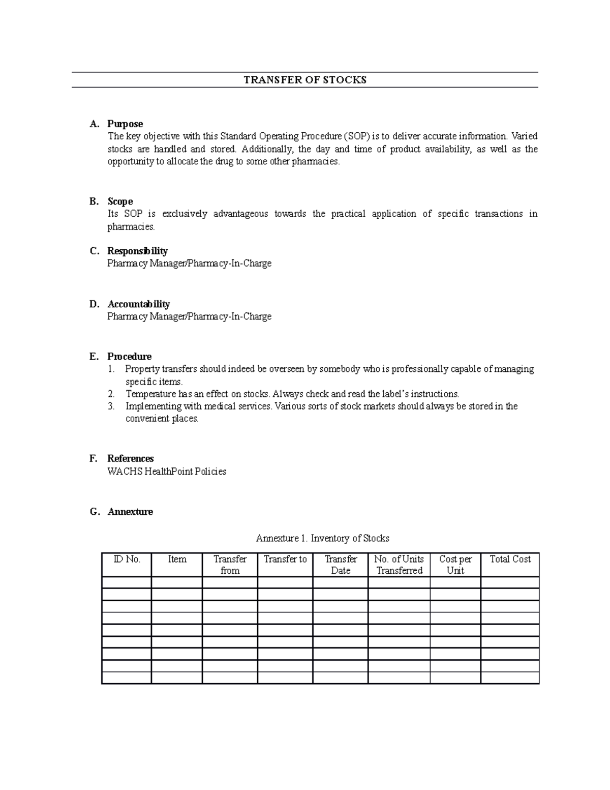 SOP for Transfer of Stocks and Expired Drug Disposal Procedures - Studocu