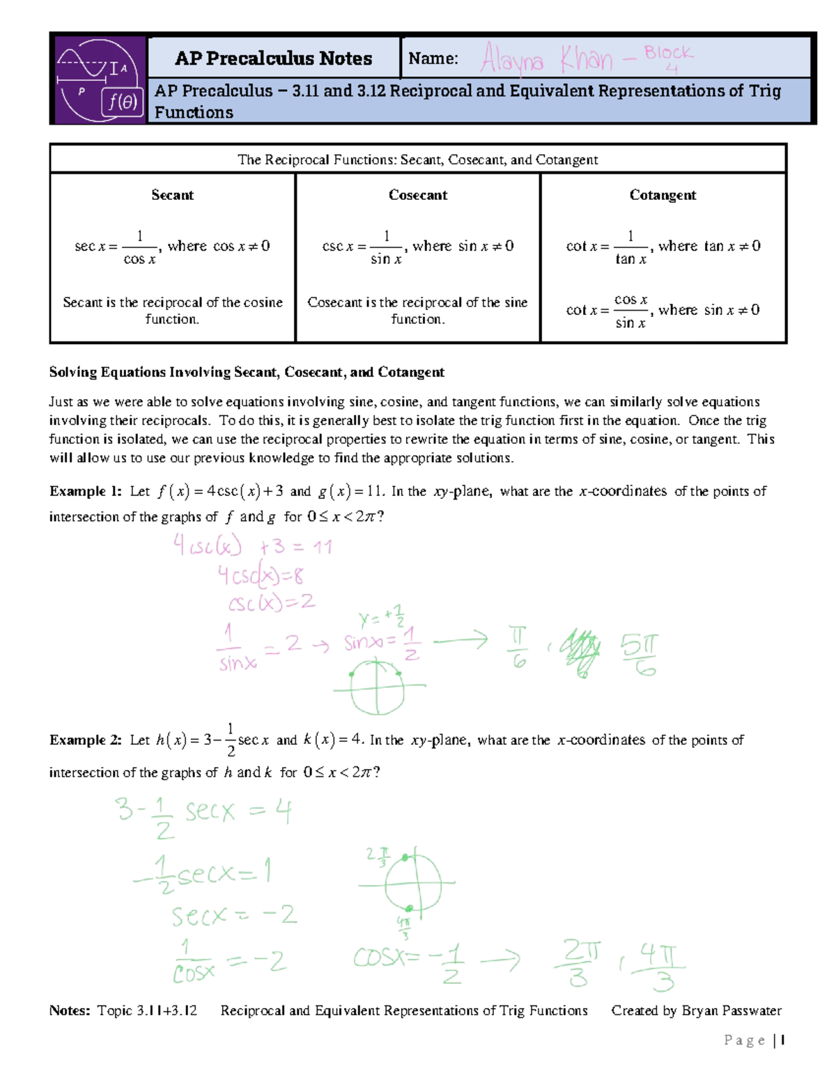 AP Precalculus Notes: 3.11 & 3.12 on Trig Function Representations ...