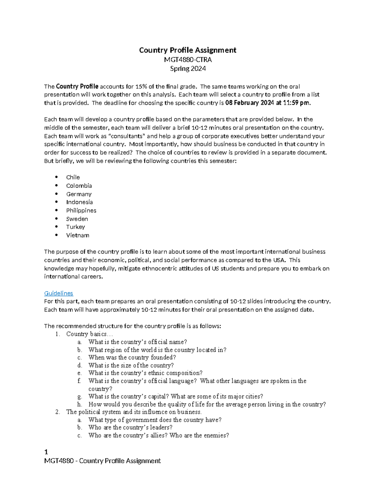 MGT4880 Country Profile Assignment - Spring 2024 Overview - Studocu