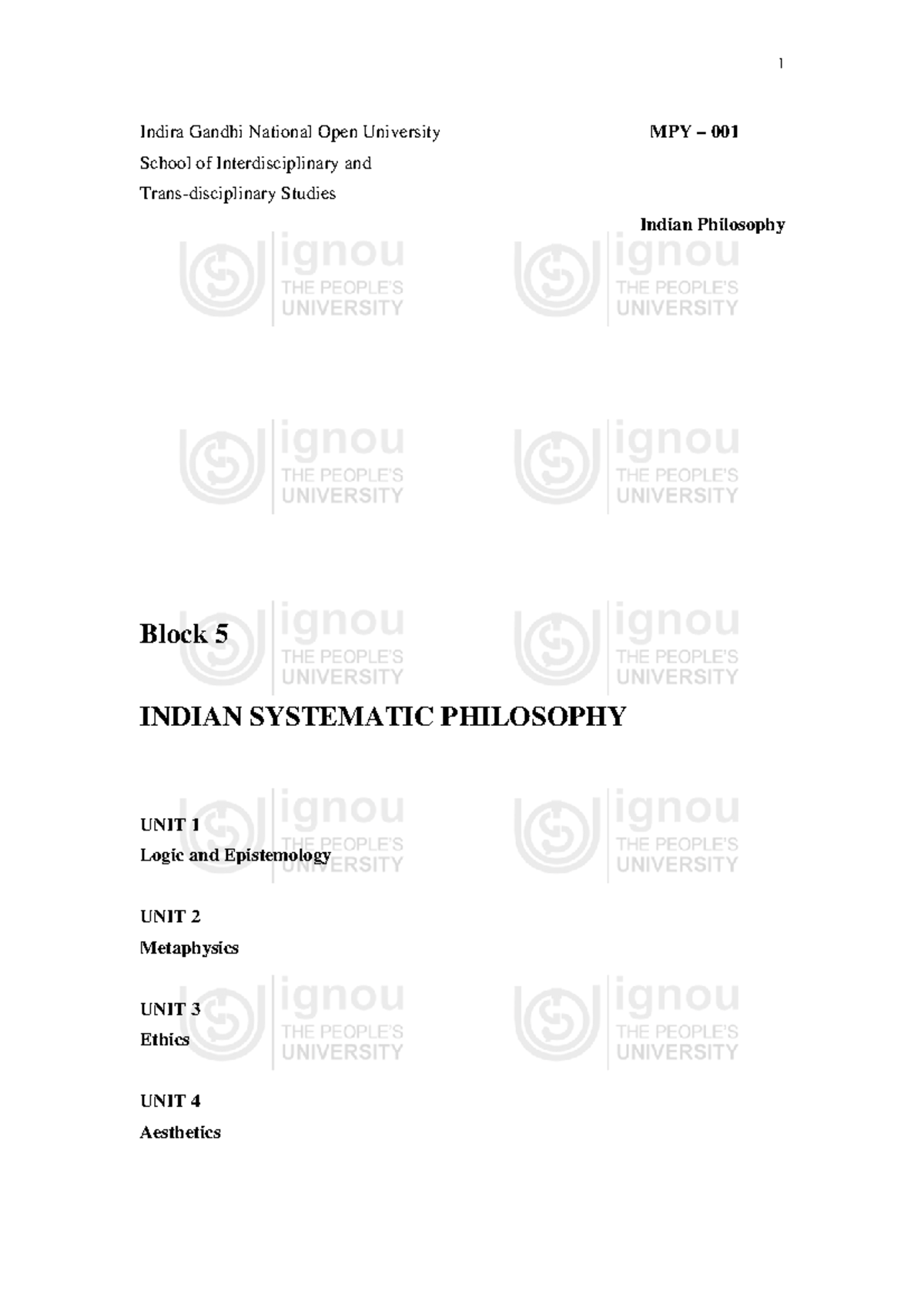 "MPY 001: Indian Systematic Philosophy - Logic, Metaphysics, Ethics ...