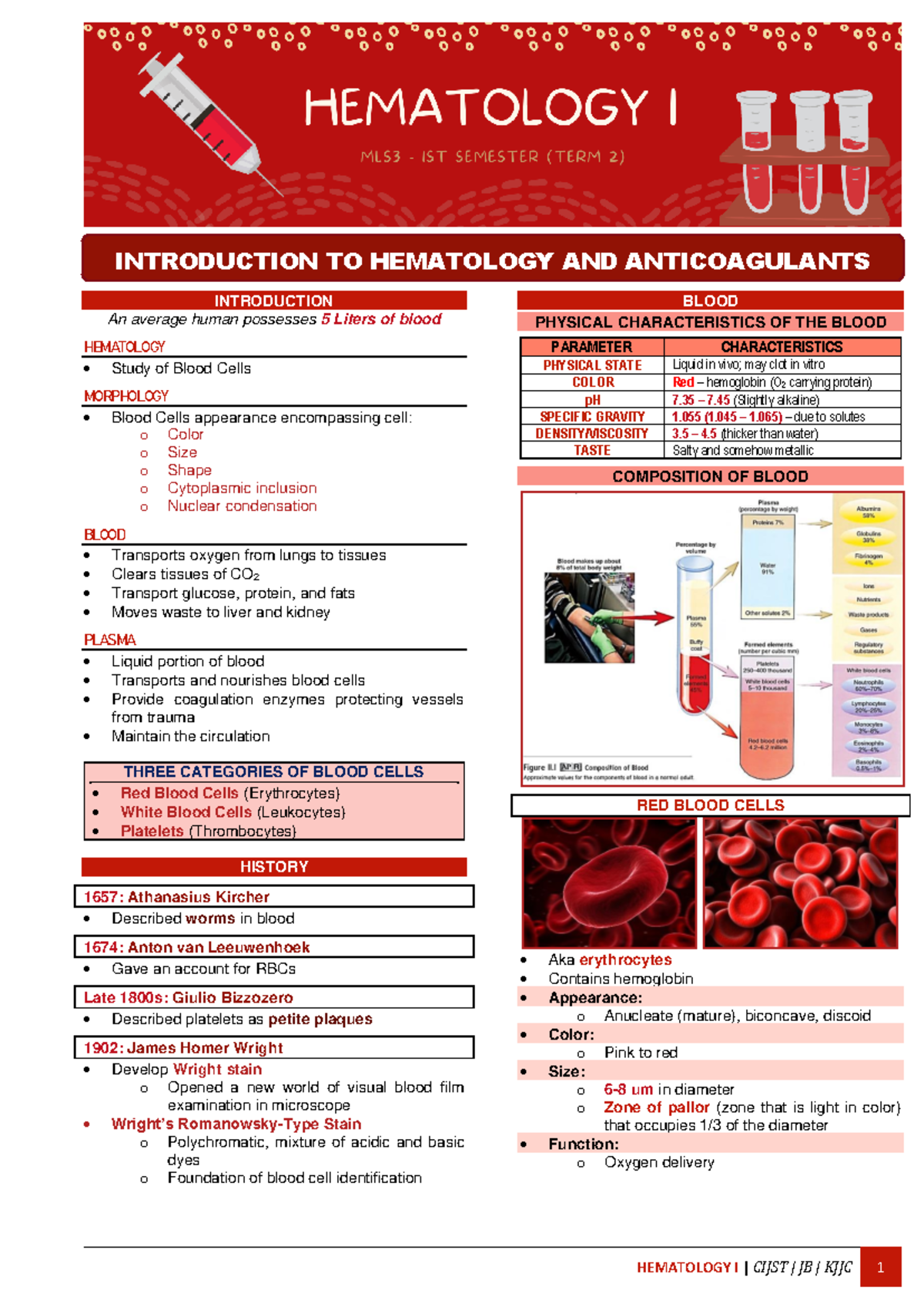 Hematology I Notes - Intro to Blood Cells & Anticoagulants - Studocu