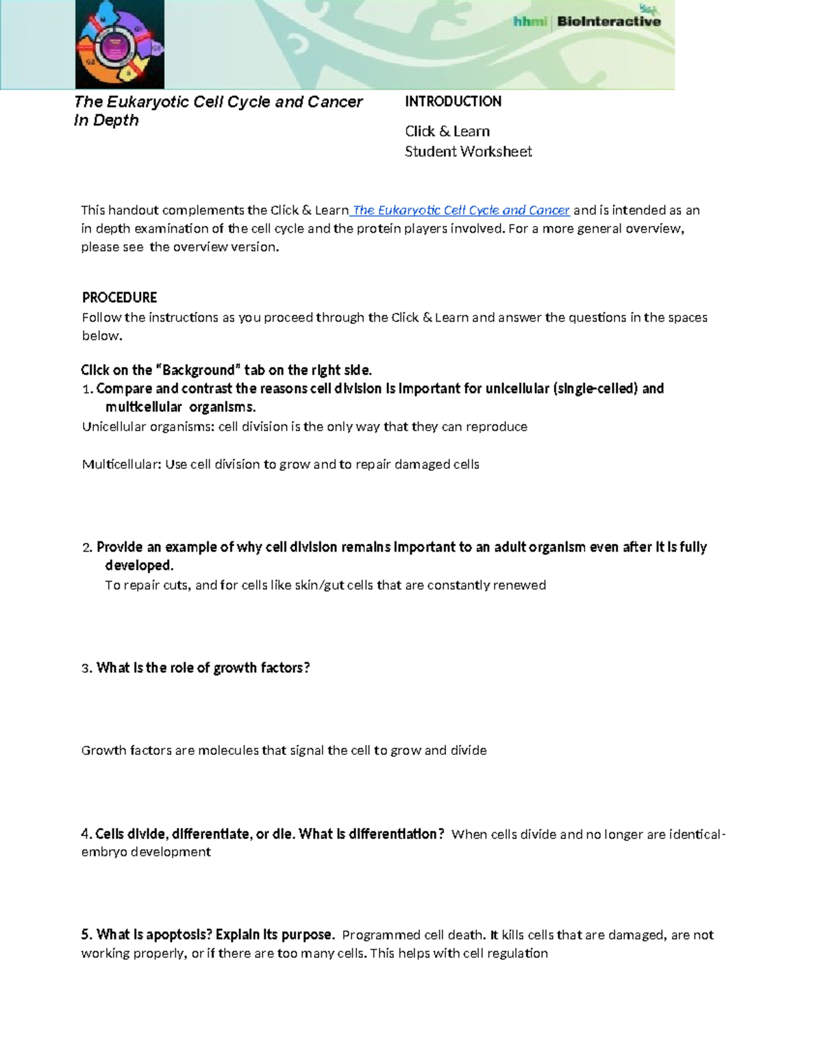 Final Exam: HHMI Cell Cycle & Cancer Integration Worksheet 1-30 - Studocu