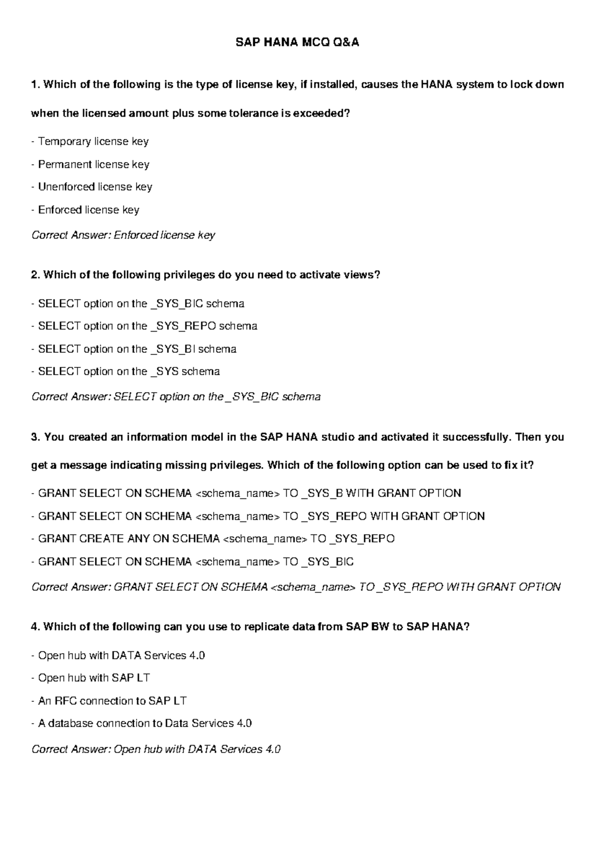 SAP HANA MCQ Quiz: License Keys, Privileges, and Data Replication - Studocu