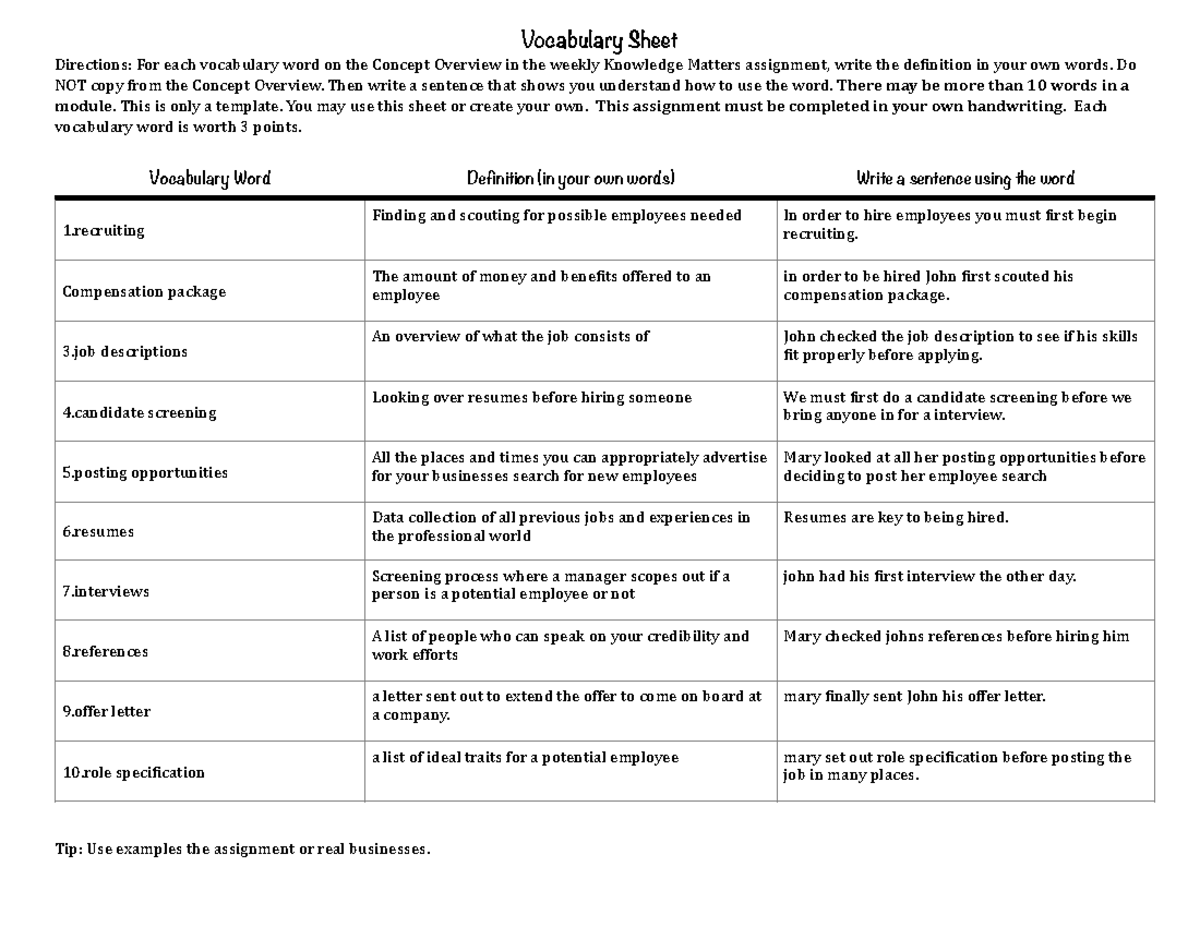 Intro to Business Vocab 1: Definitions & Usage Sentences - Studocu