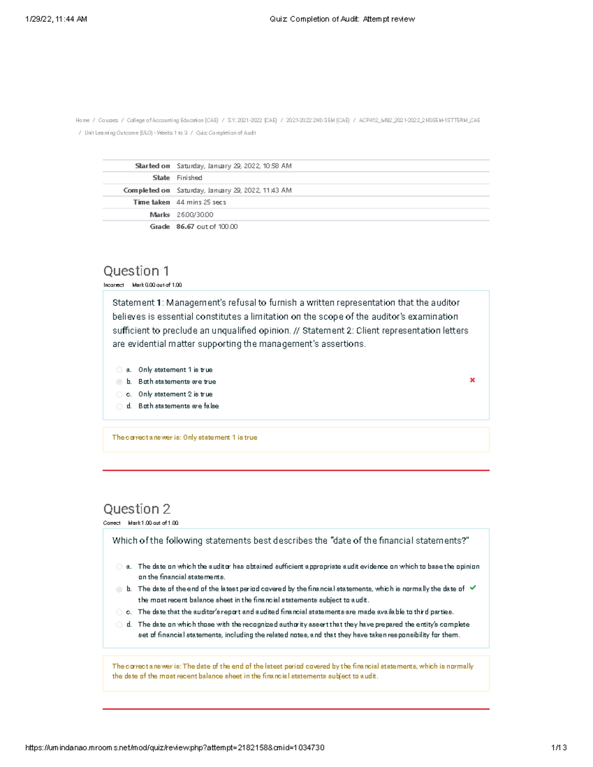ACP412 Quiz: Completion Review of Audit Attempt (S.Y. 2021-2022) - Studocu