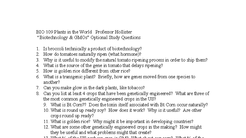 BIO 109 Optional Study Questions on Biotechnology & GMOs - Studocu