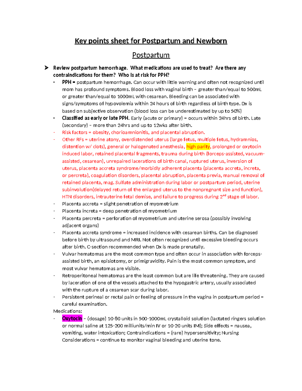 Key Points for Postpartum and Newborn Care - NUR 11206 - Studocu