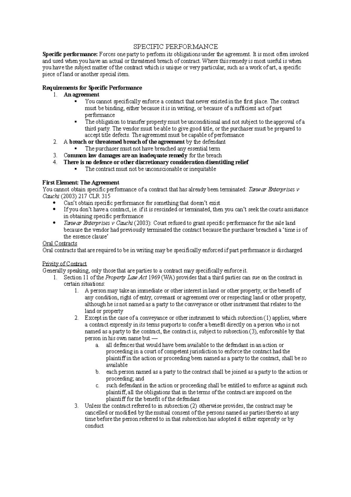 Specific Performance Notes for Contract Law (LAW123) - Studocu