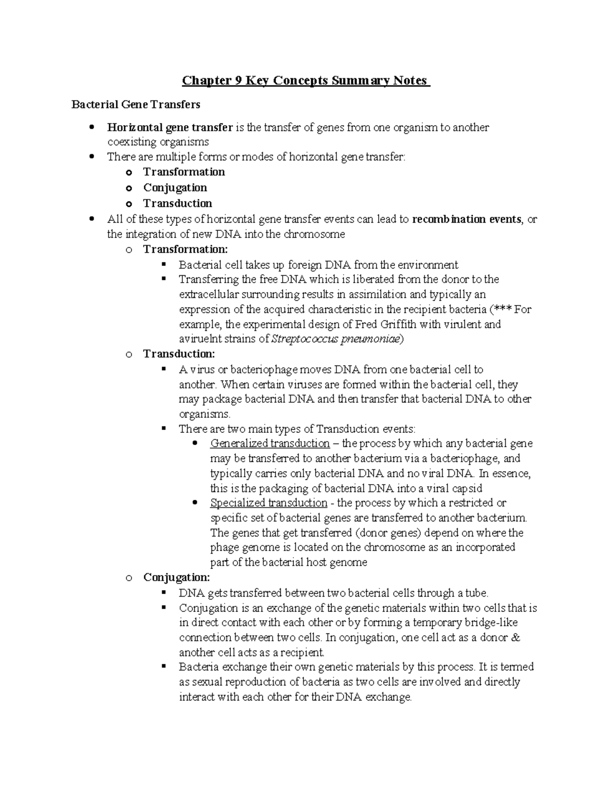 Chapter 9 Summary Notes: Bacterial Gene Transfers & Evolution - Studocu