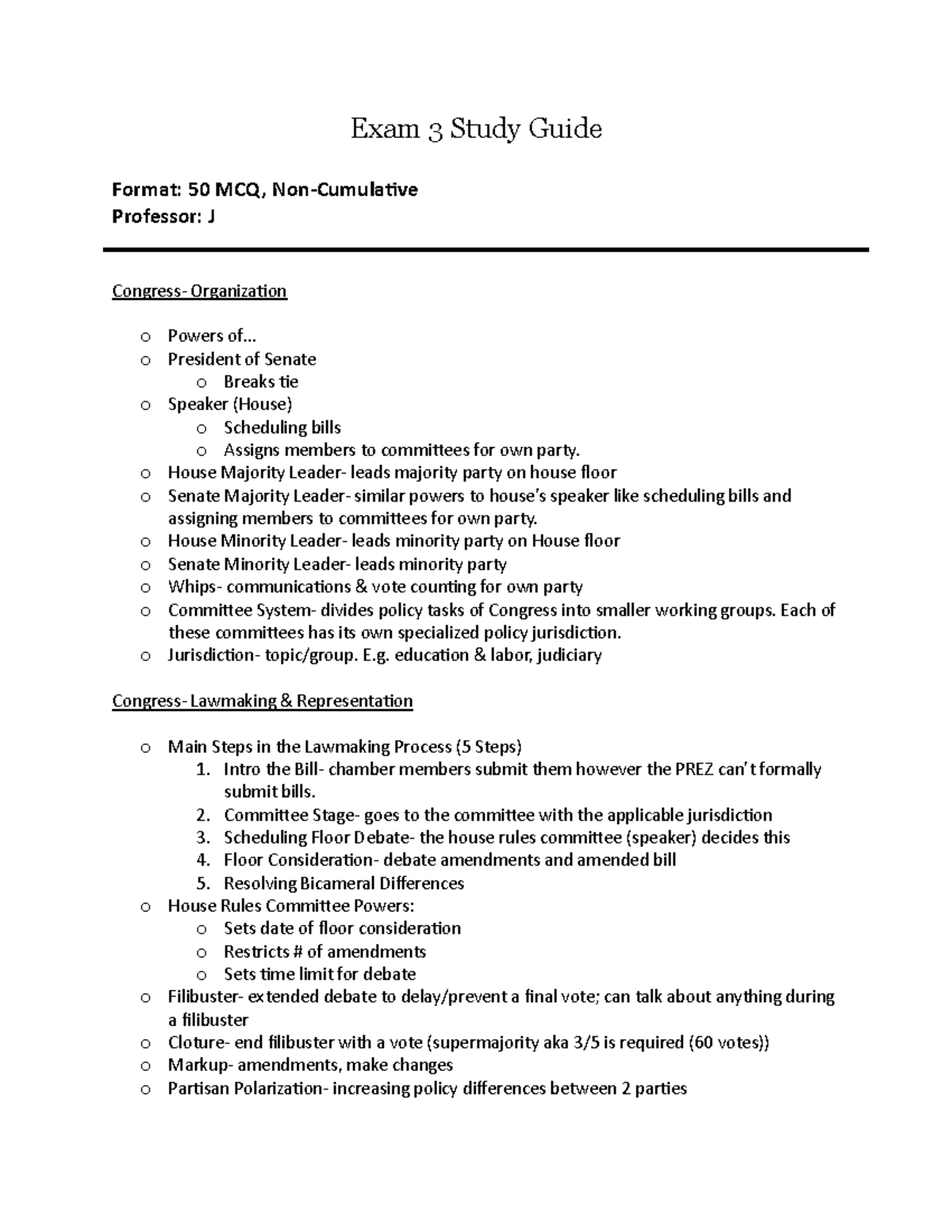POL 1101 Exam 3 Comprehensive Study Guide on Congress & Presidency ...