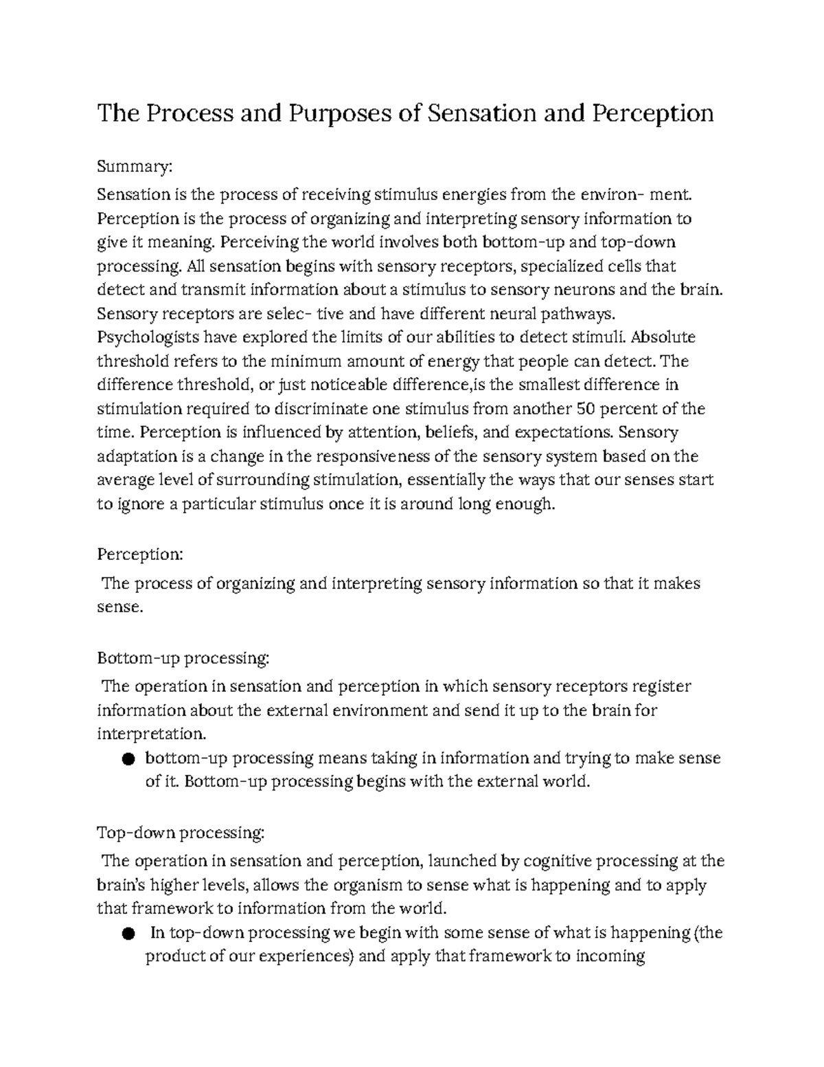 Sensation and Perception: An Overview of Chapter 3 Concepts - Studocu
