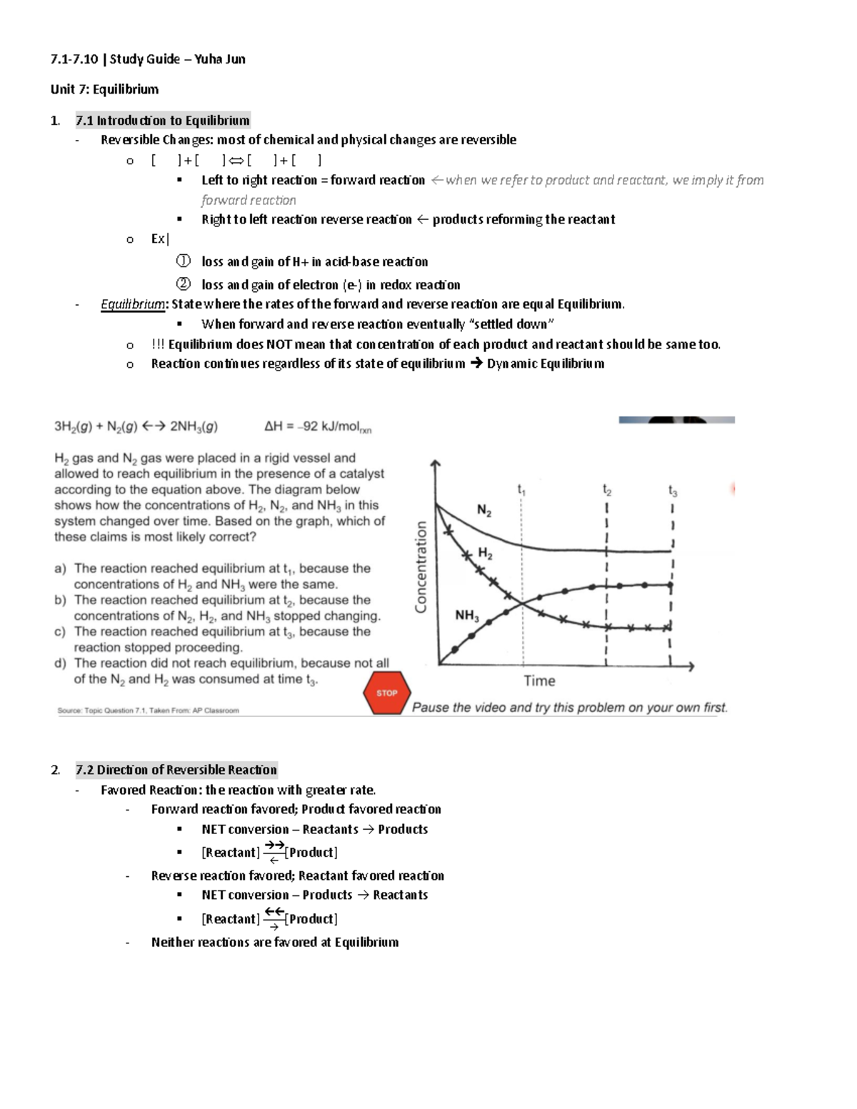 AP Chemistry 7.1-7.10 Equilibrium Concepts & Study Guide - Studocu