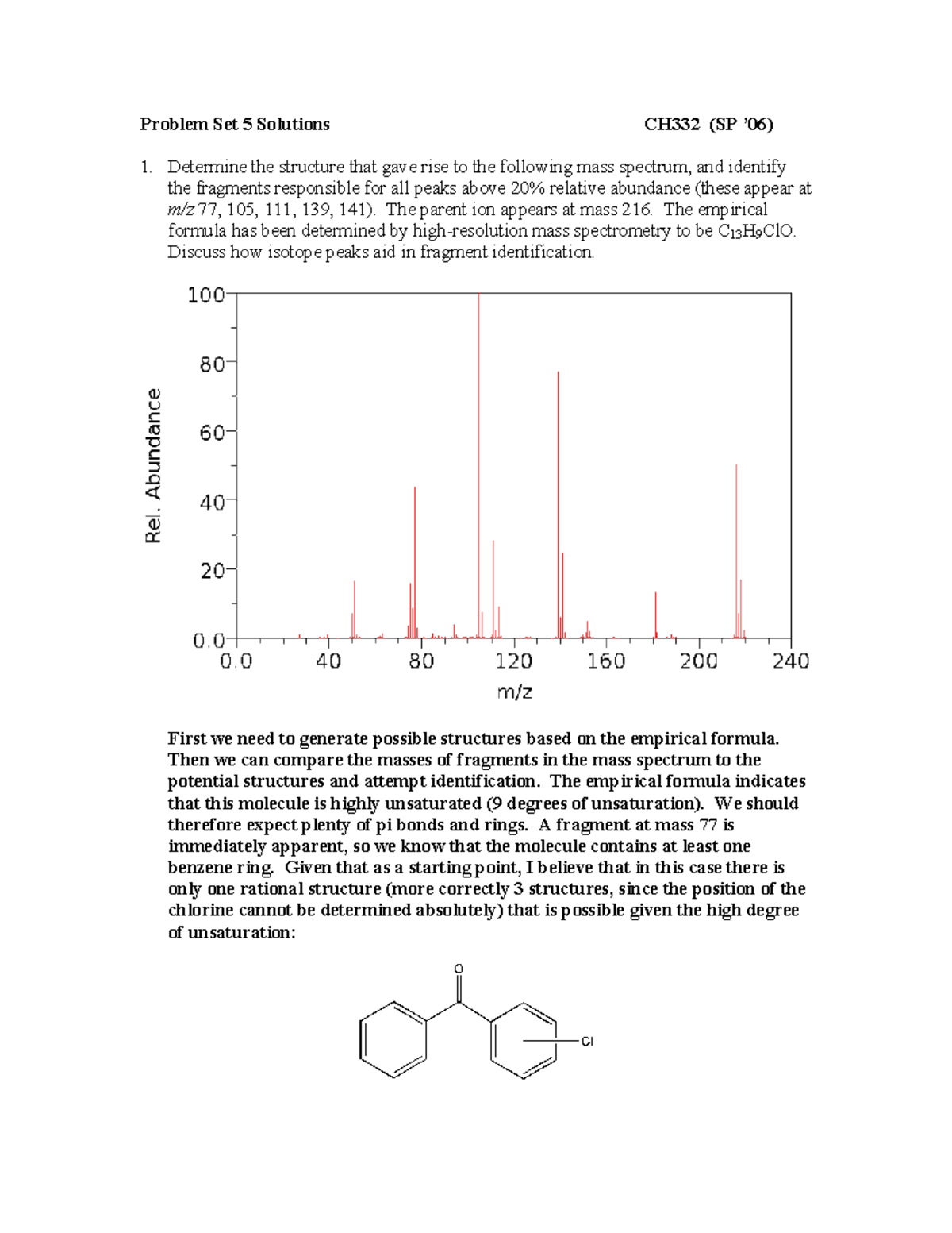CH332 Problem Set 5 Solutions: Mass Spectrum Analysis and ...