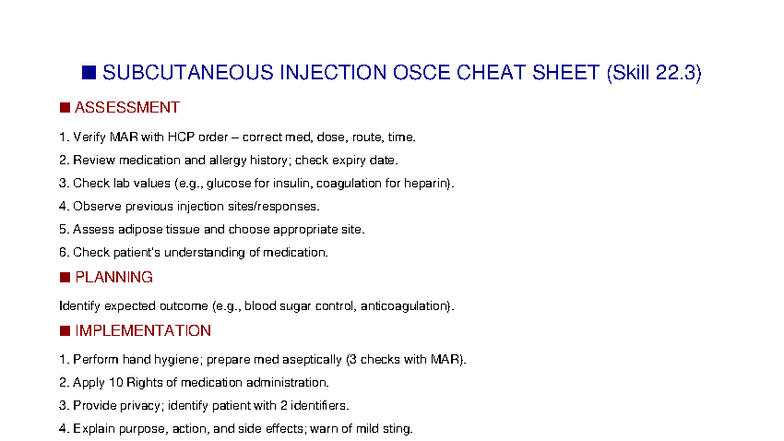 Subcutaneous Injection OSCE Cheat Sheet (Skill 22.3) - Studocu