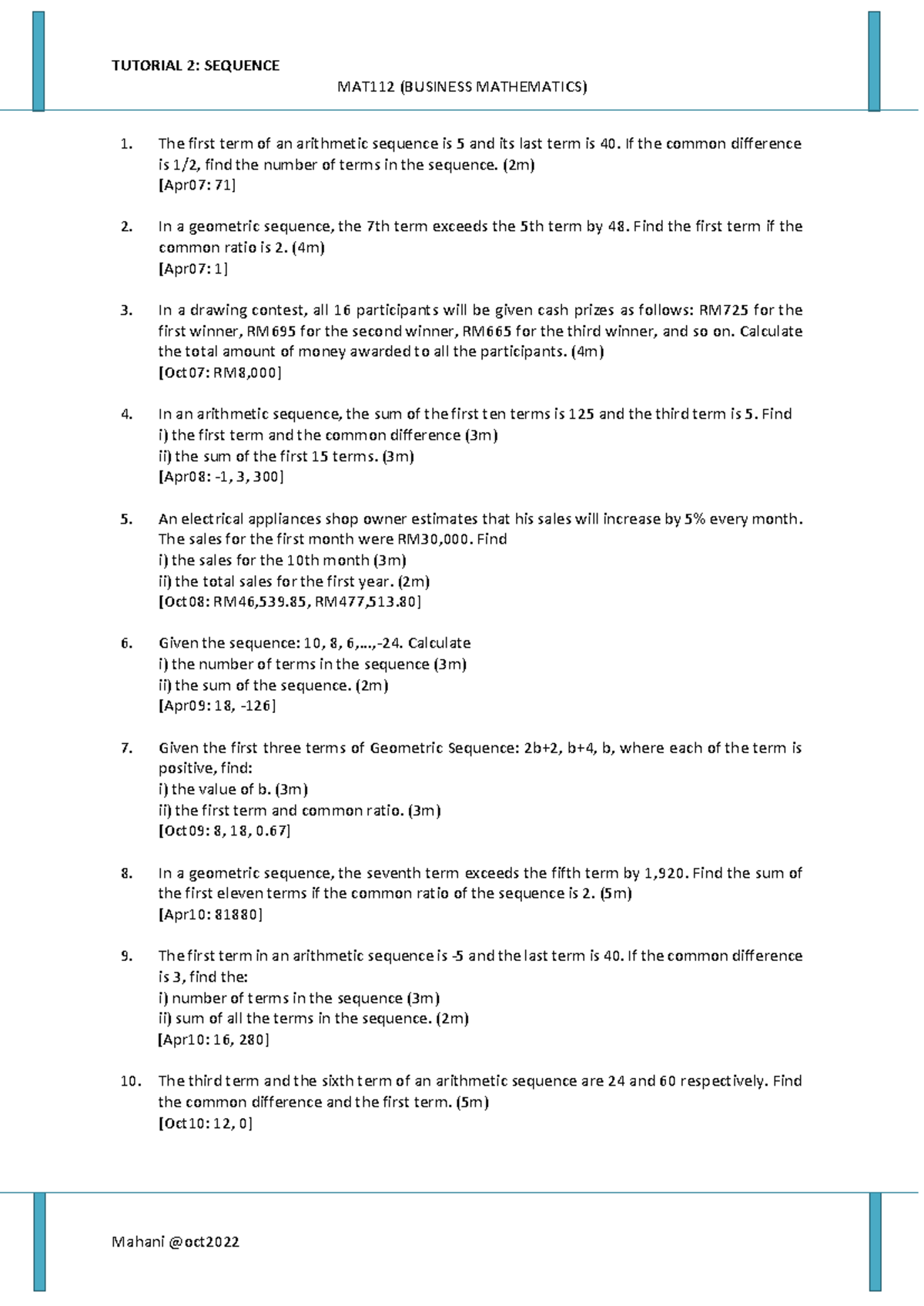 MAT112 TUTORIAL: Business Mathematics Sequences & Sums Exercises - Studocu