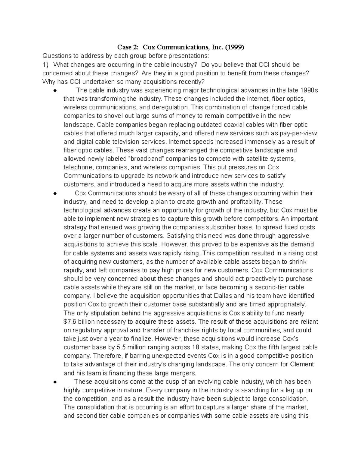 Case 2 Cox Communications, Inc - (1999) Questions to address by each ...