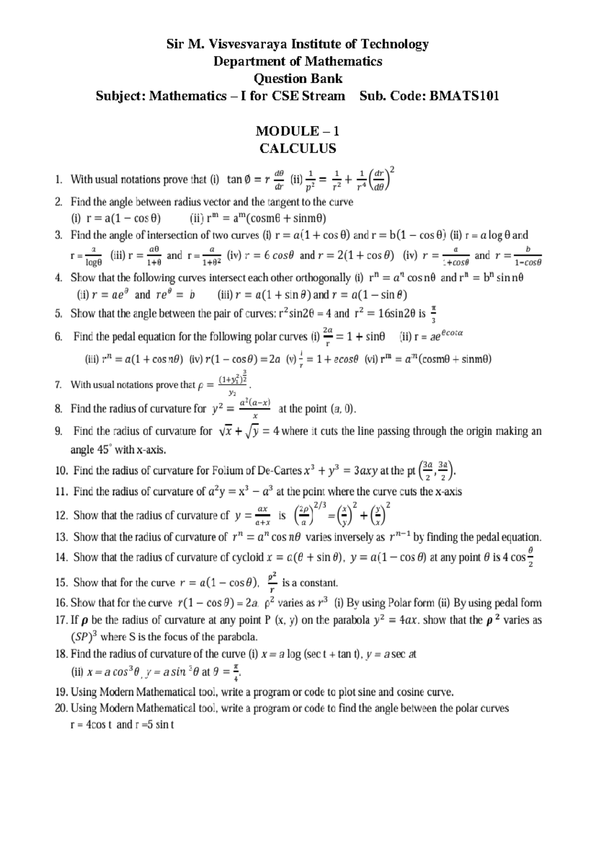 Question Bank for Mathematics-I (CSE Stream) BMATS 101 - Studocu