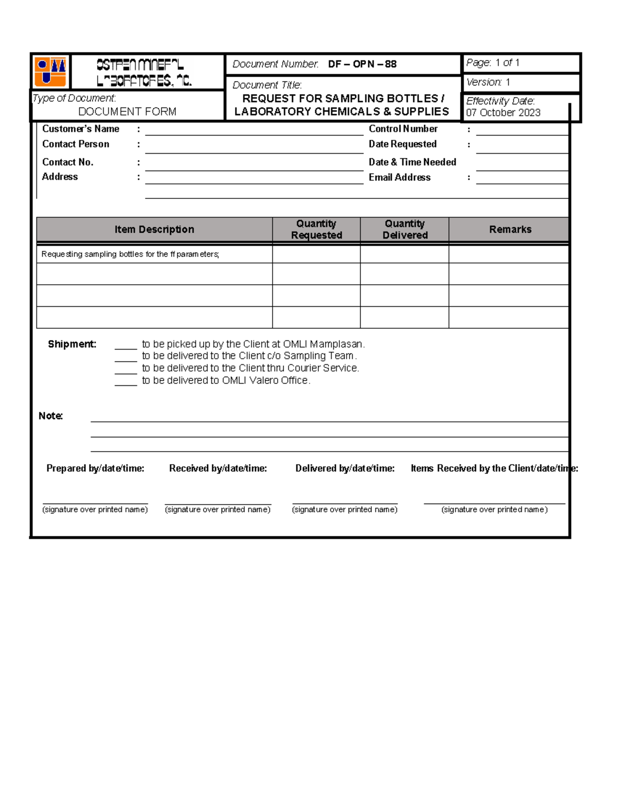 Request Forms for Operation - Customer’s Name : Control Number ...