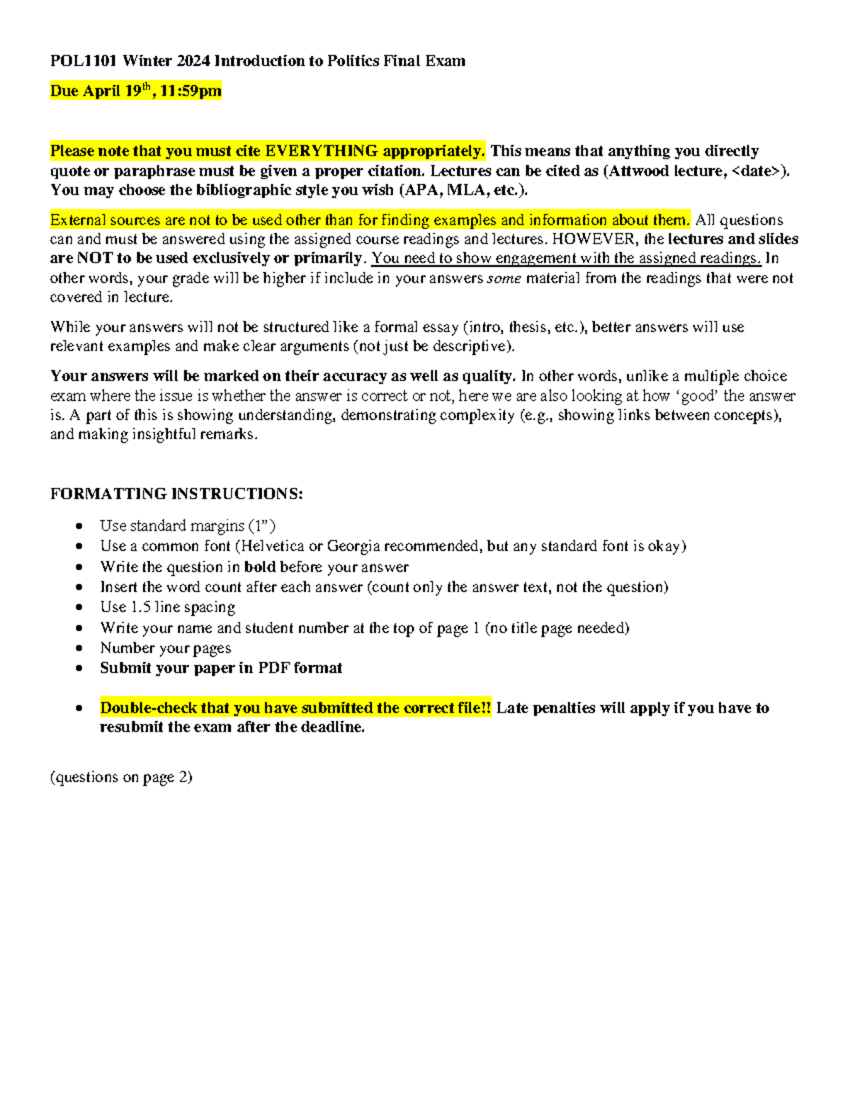 POL1101 Winter 2024Introductionto Politics Final Exam - POL 110 1 ...