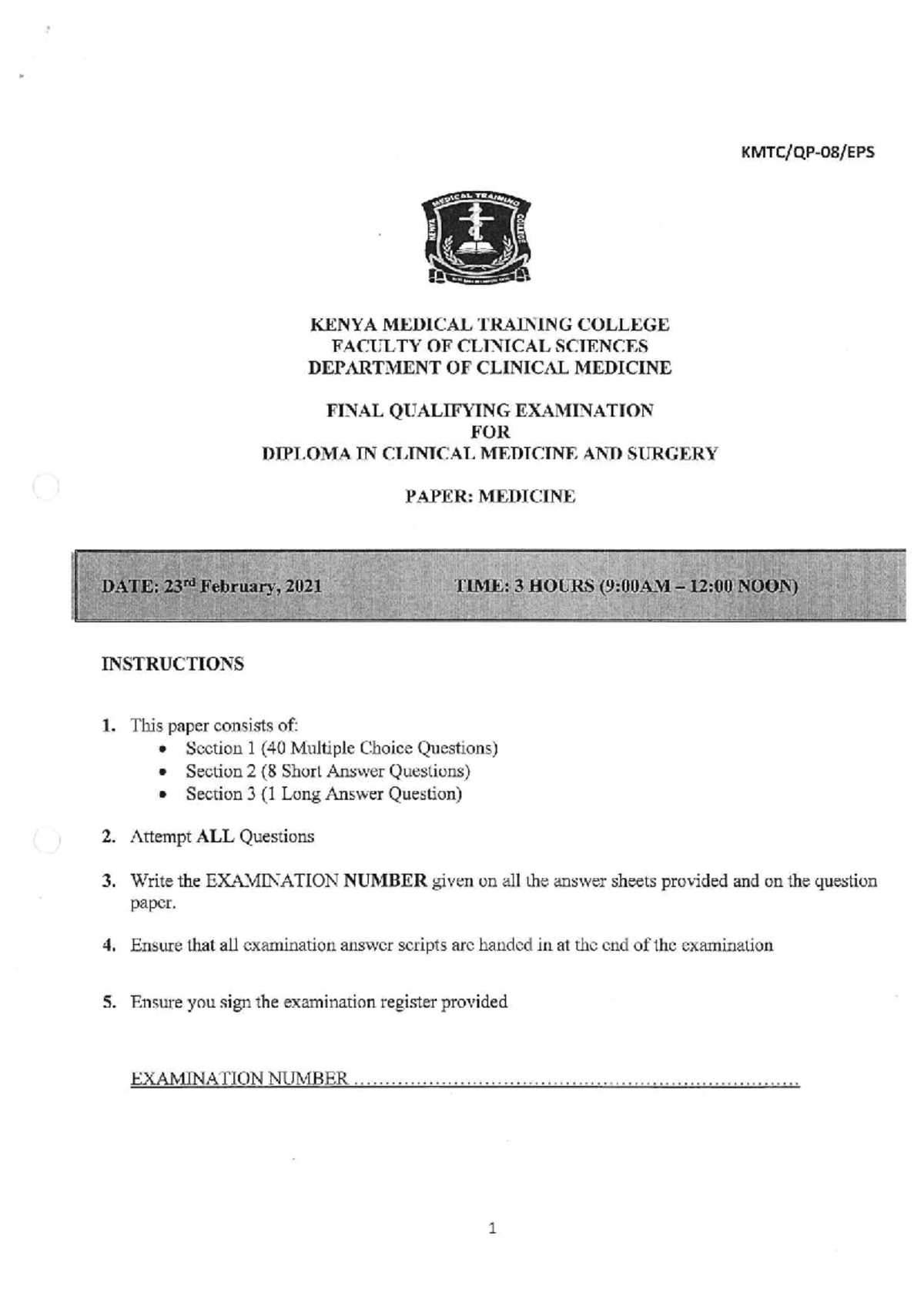 Final Qualifying Exam Paper: Medicine (Diploma in Clinical Medicine ...