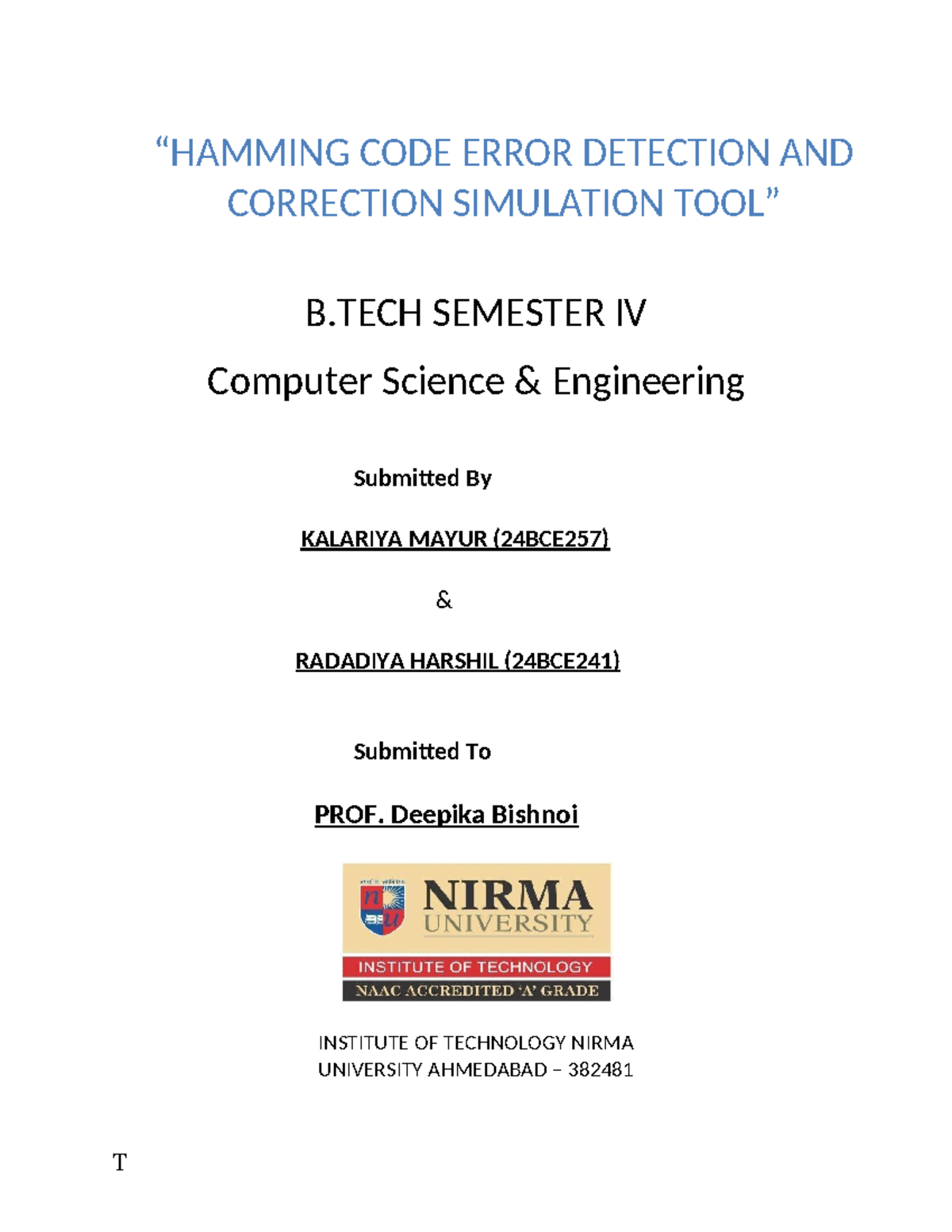 B.TECH SEM IV - Hamming Code Error Detection & Correction Simulation ...