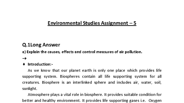 Environmental Studies Assignment 5: Causes, Effects & Control of ...