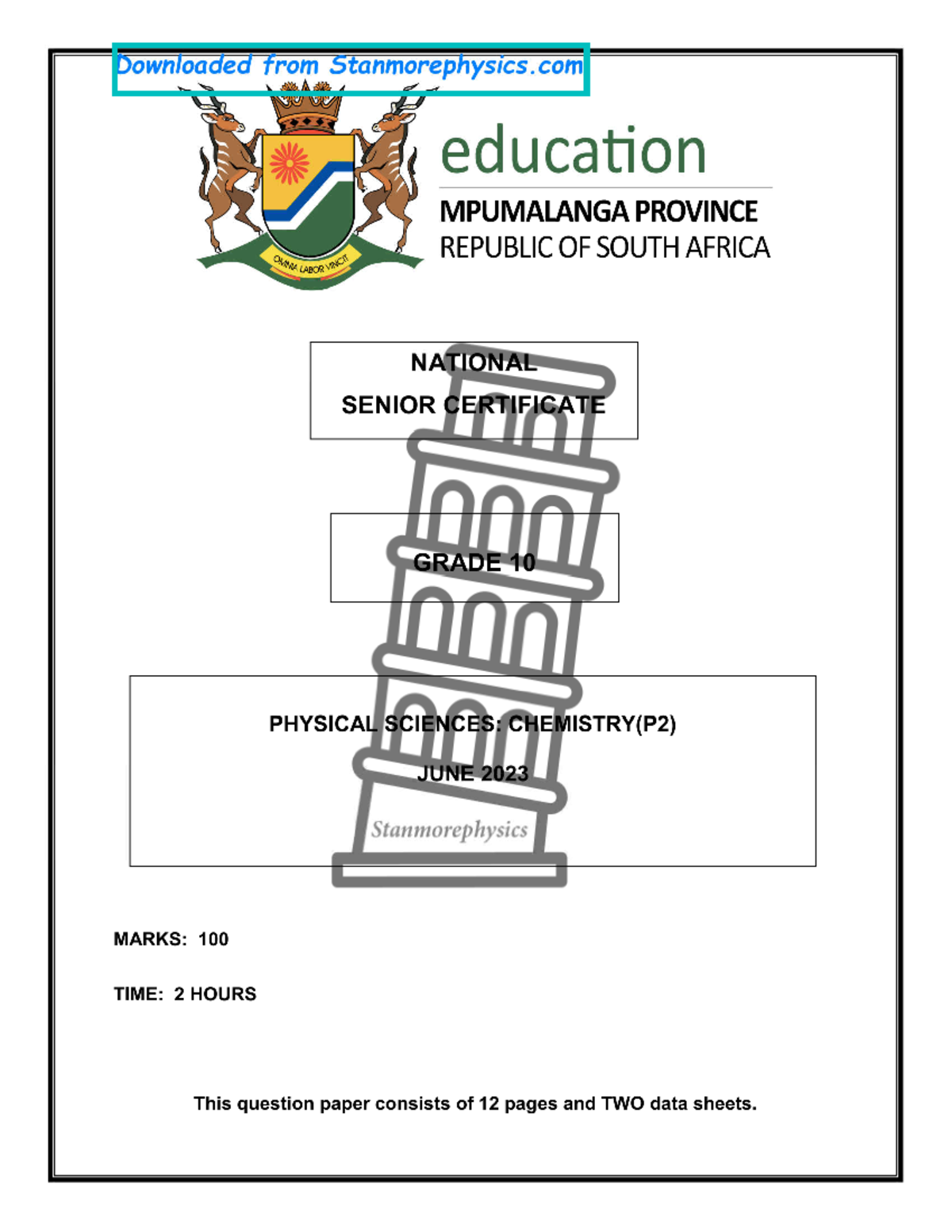 MP Physical Science Grade 10 June 2023 Paper 2 and Memo Answers - Studocu
