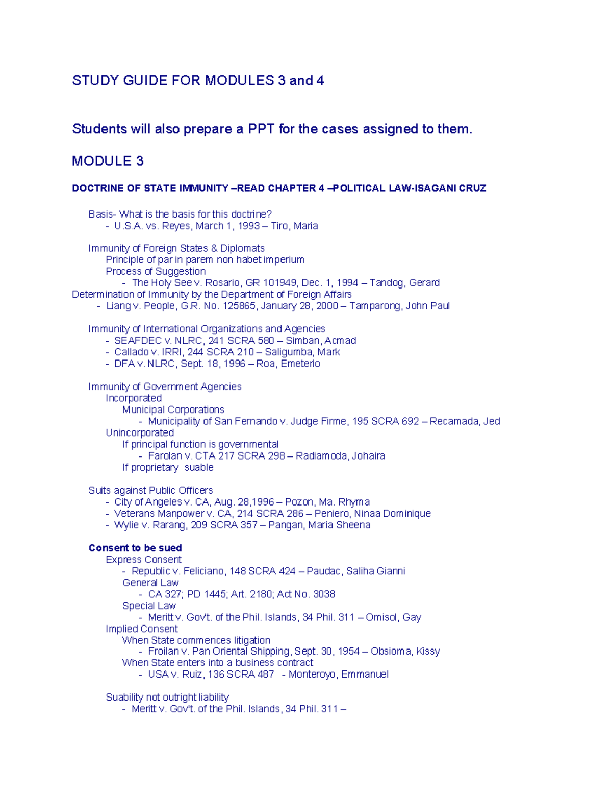 Study Guide for Modules 3 & 4: State Immunity & Political Law - Studocu