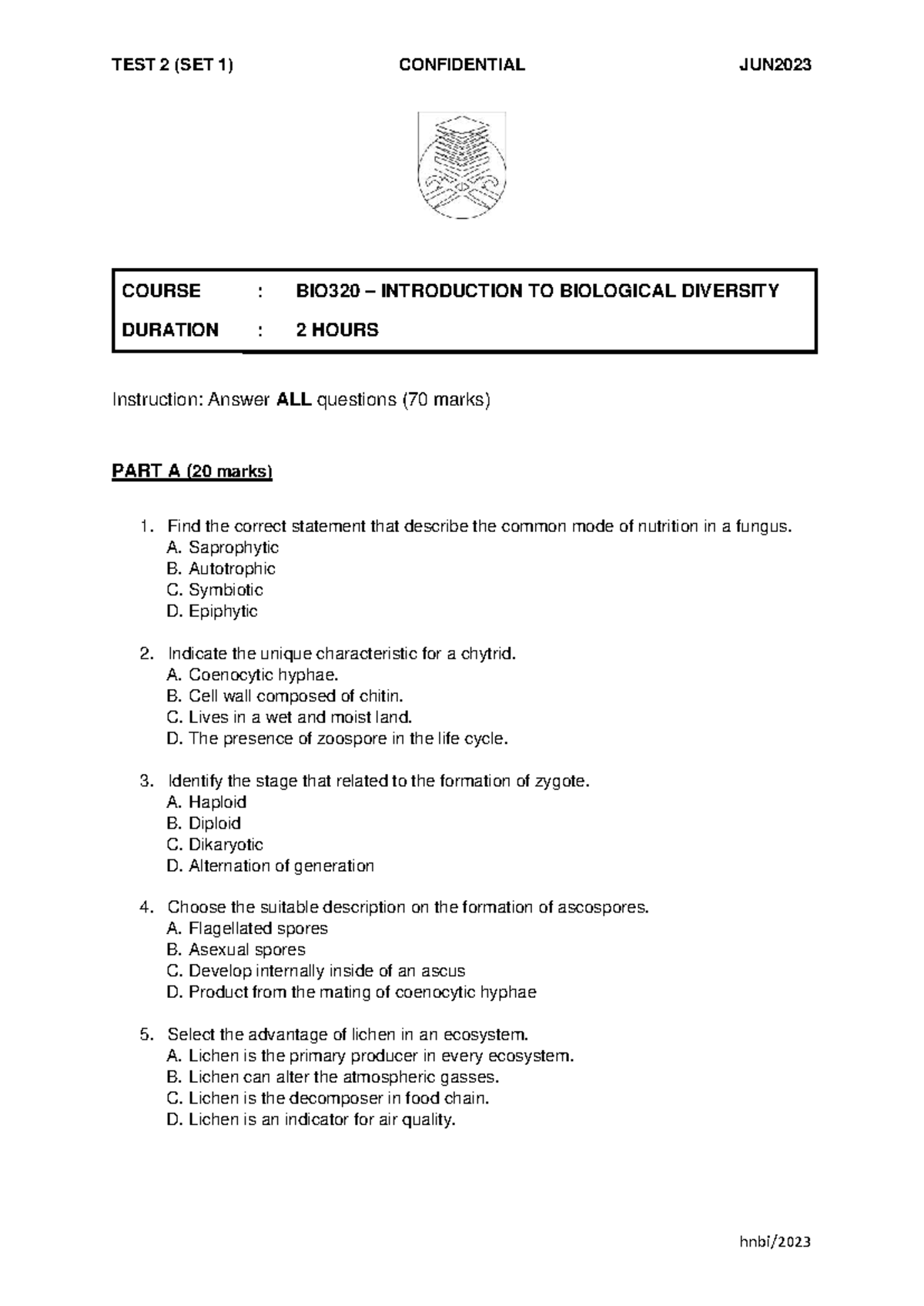 BIO320 TEST 2 - INTRODUCTION TO BIOLOGICAL DIVERSITY (SET 1) - Studocu