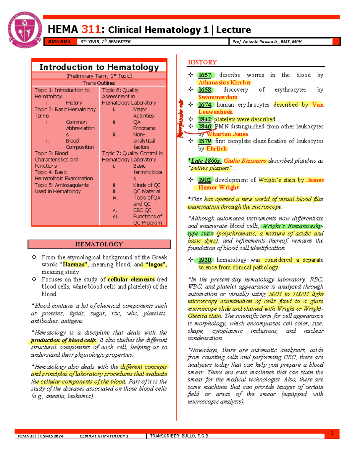 HEMA-311: Lecture Notes on Clinical Hematology and Hematopoiesis - Studocu
