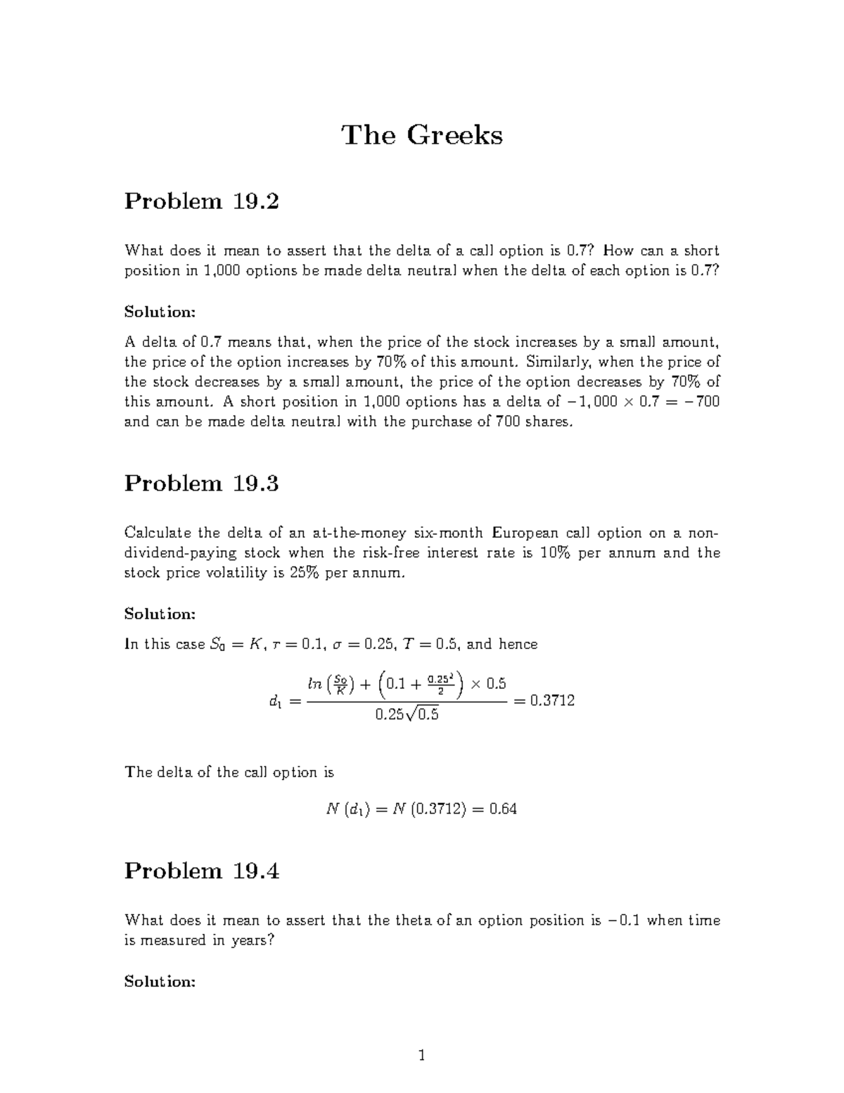 Practice Problems with Solutions - Greeks (FIN 301) - Studocu