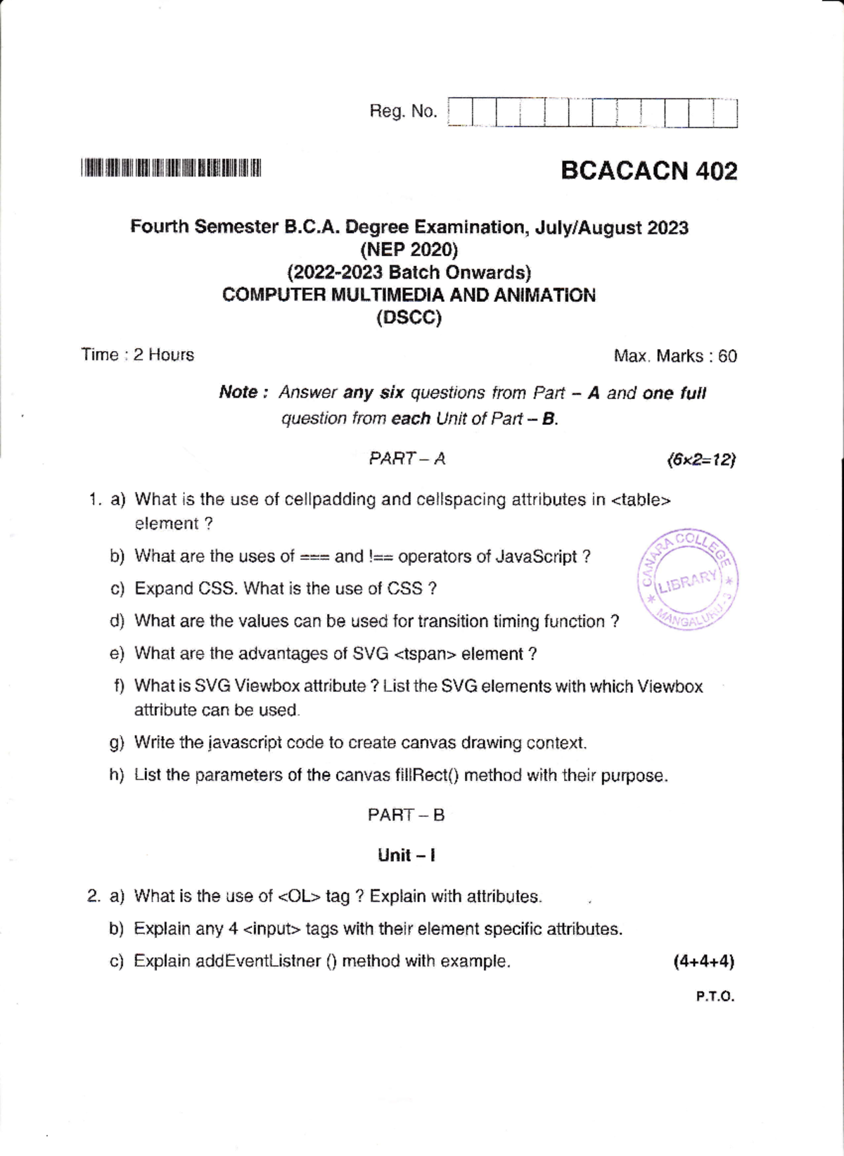 NEP BCA IV Sem Final Exam: Computer Multimedia & Animation (BCACACN 402 ...