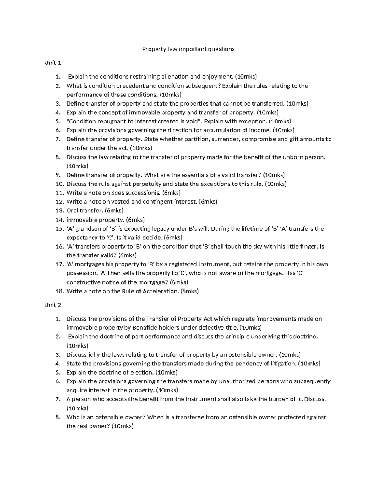 property law inportant questions takem from previous year question ...