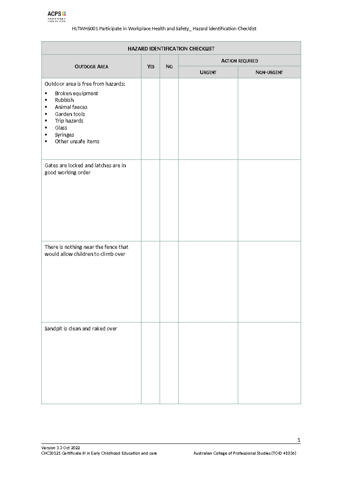 HLTWHS001 Hazard Identification Checklist for Workplace Safety - Studocu
