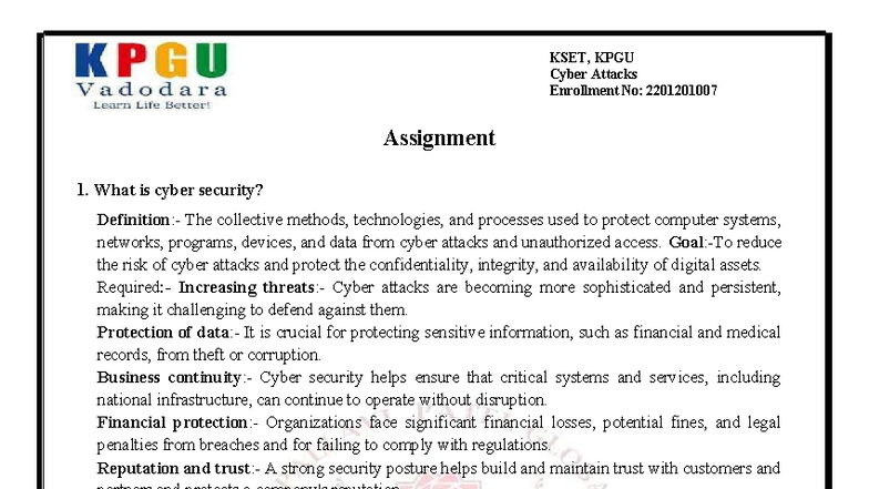 KSET KPGU Cybersecurity Assignment 1: Understanding Cyber Threats and ...