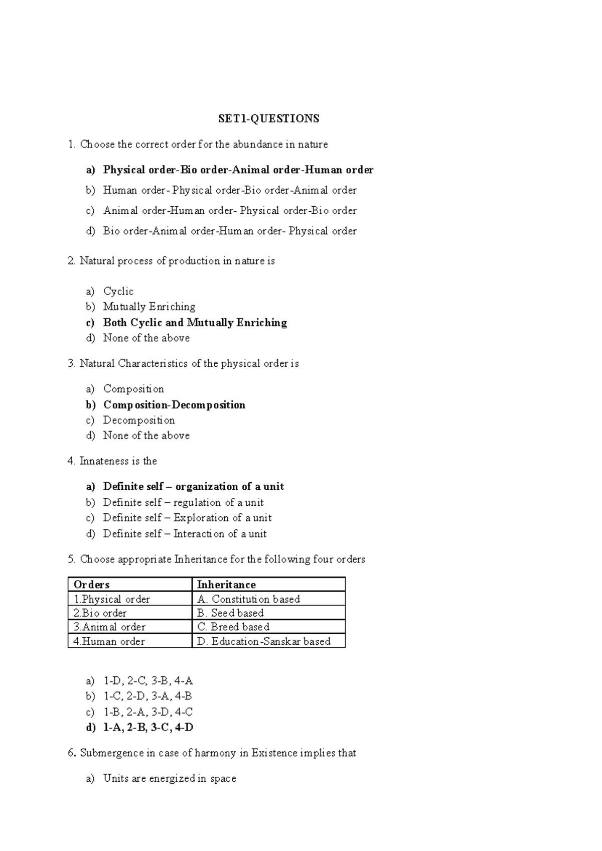 UHV - Set of Questions for Understanding Nature's Orders - Studocu