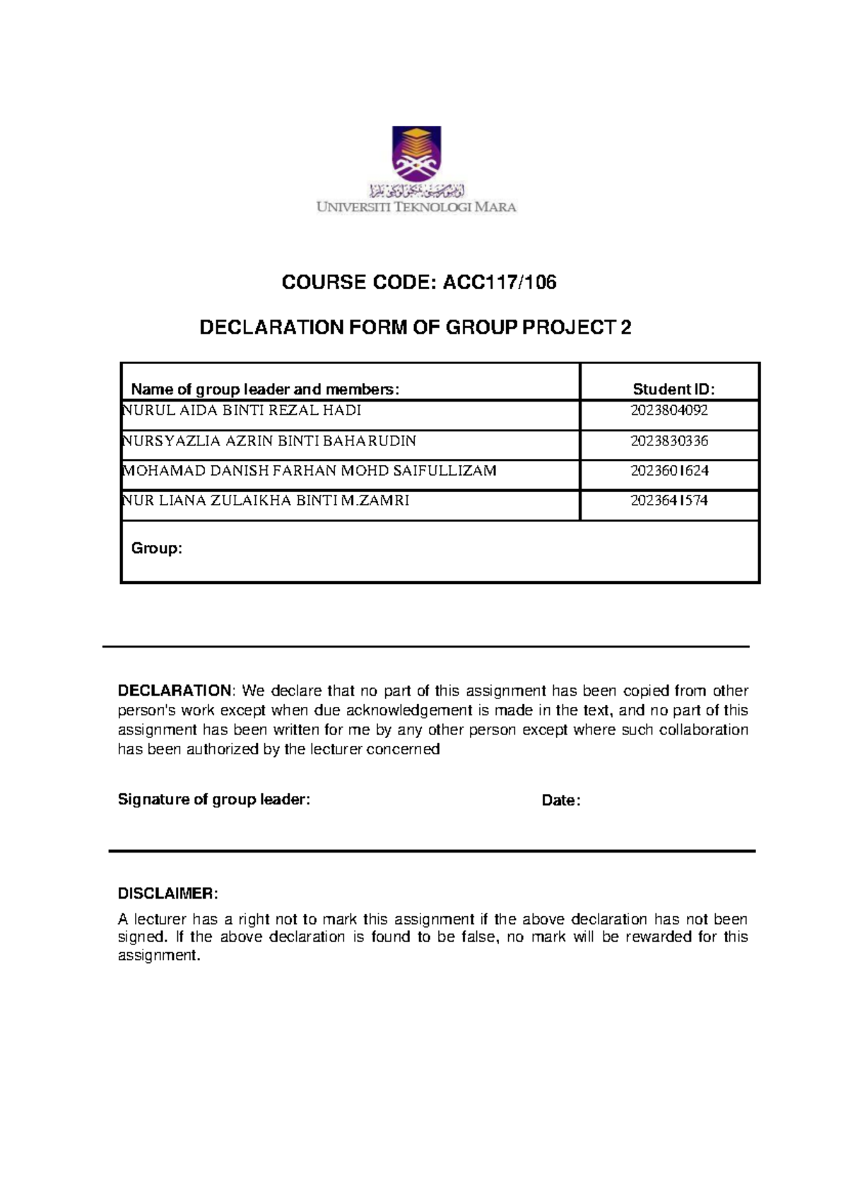 JUNE 2025 ACC117 ACC106 Group Project 2 Declaration & Analysis - Studocu