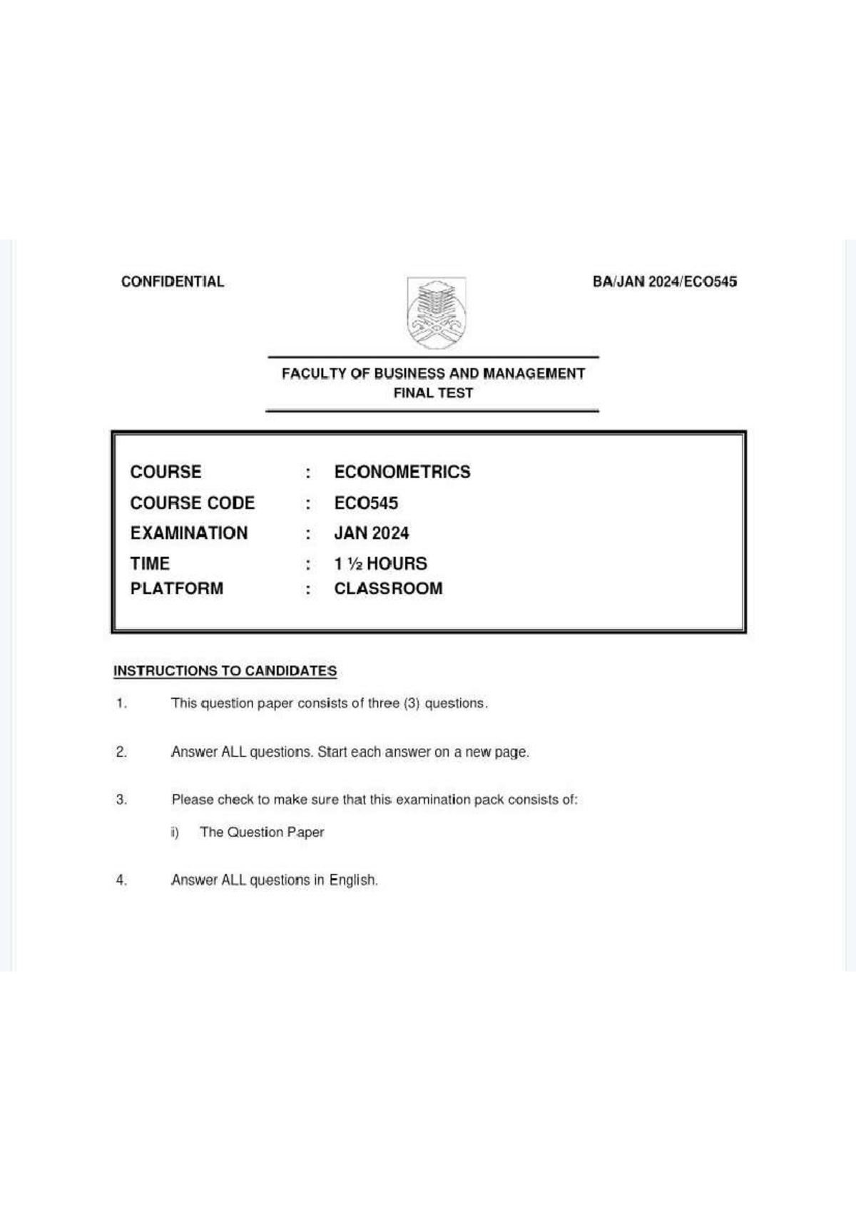 ECO 545 JAN 2024 - Final Exam Questions on Econometrics - Studocu