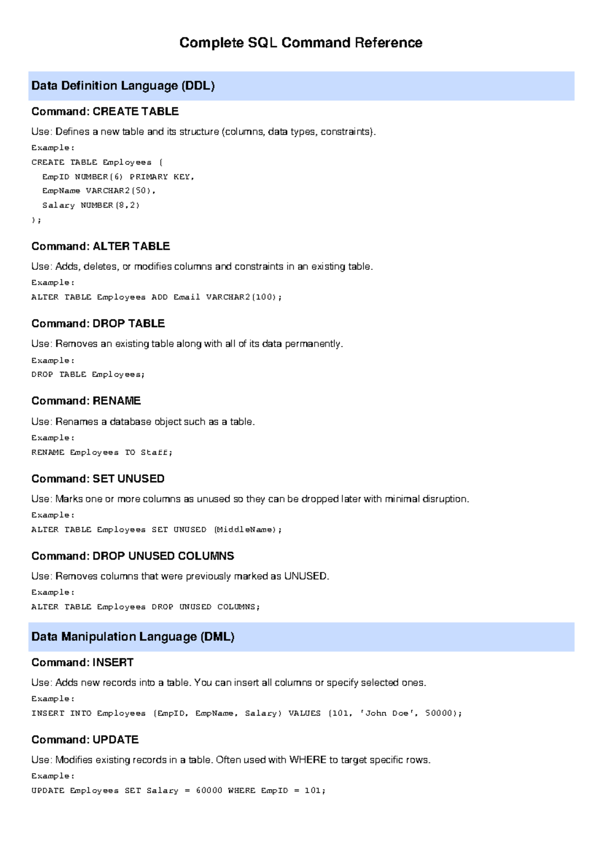 SQL Command Reference: DDL, DML, TCL, DQL Overview - Studocu