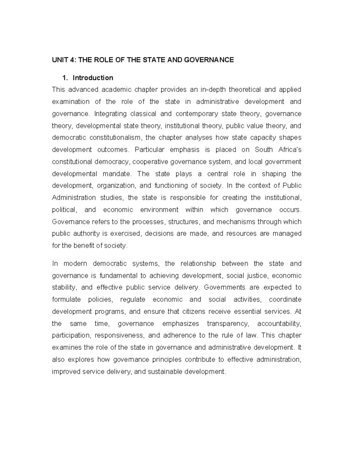 UNIT 4: The Role of the State and Governance - Summarised Notes - Studocu