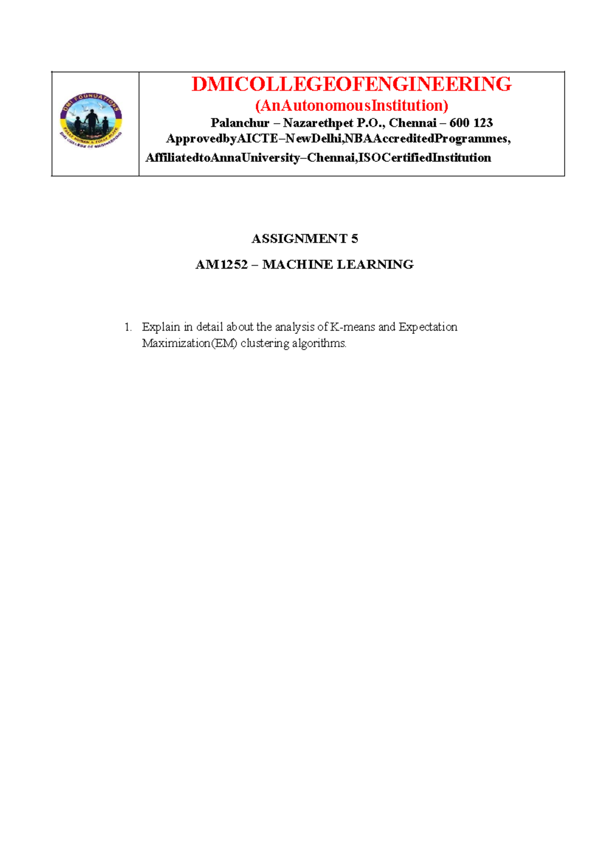 ML Assignment 5 - Machine Learning - DMICOLLEGEOFENGINEERING ...