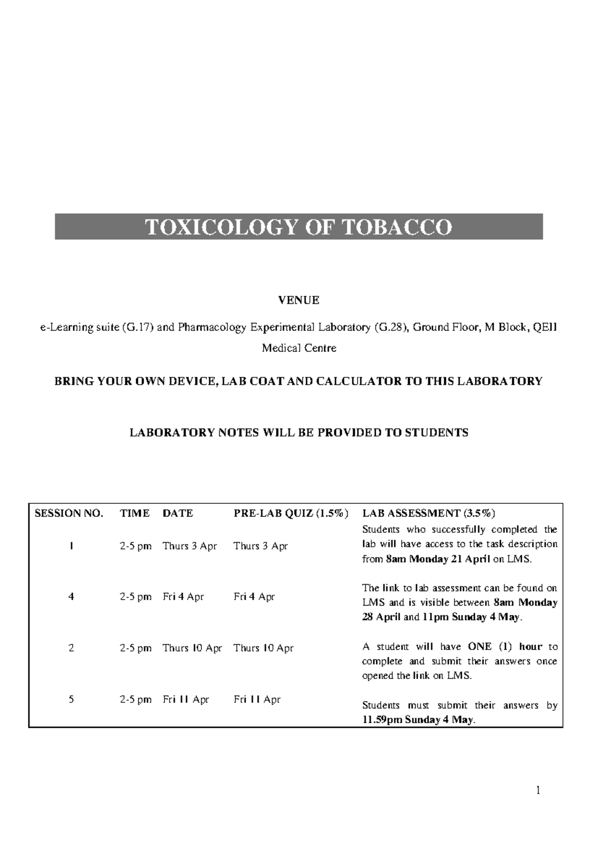 Toxicology of tobacco PHAR2210 2025 - TOXICOLOGY OF TOBACCO VENUE e ...