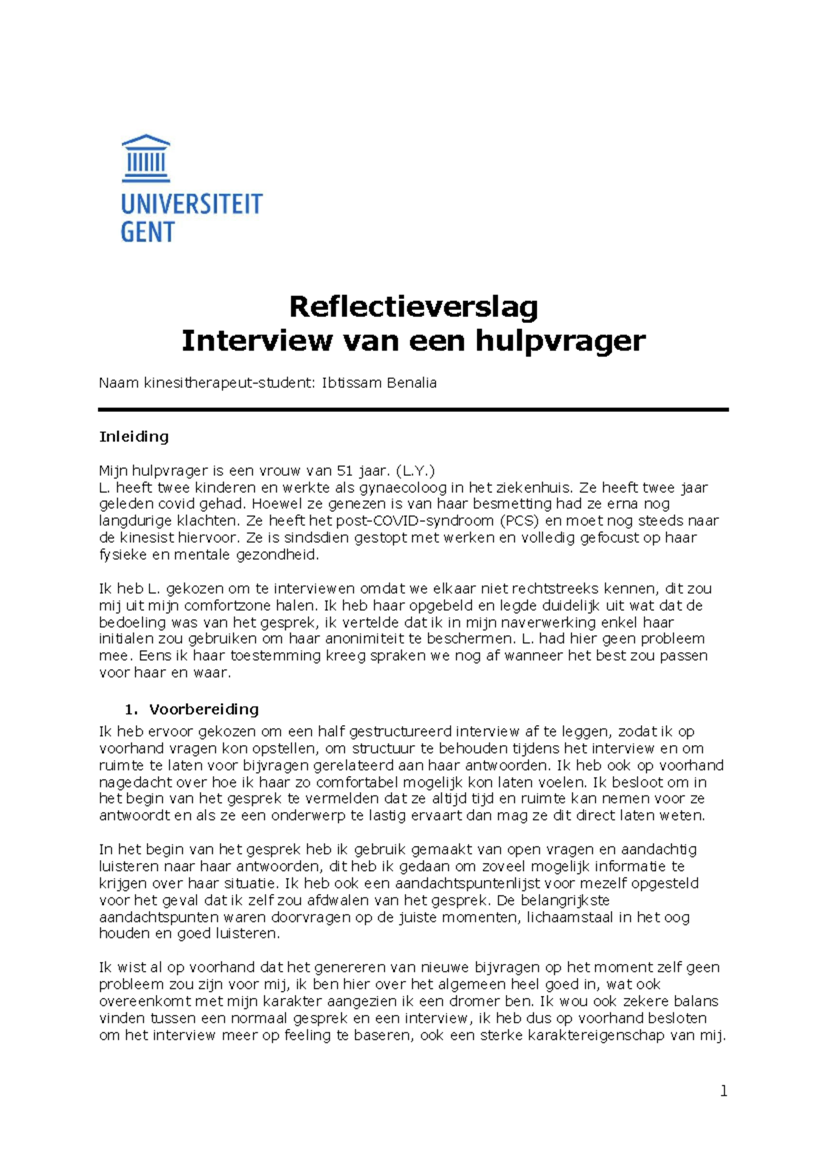 Reflectieverslag Interview met Hulpvrager Ibtissam Benalia (L.Y.) - Studocu