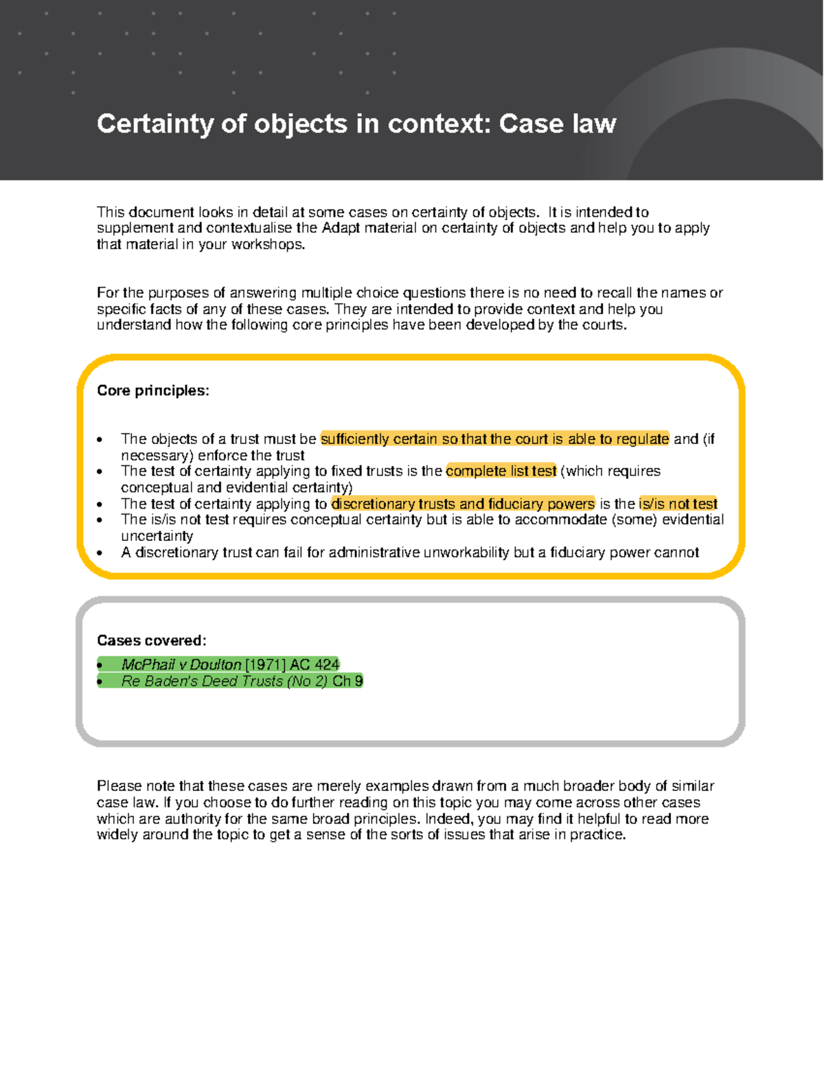 Trusts Law key cases - Certainty of objects - Certainty of objects in ...